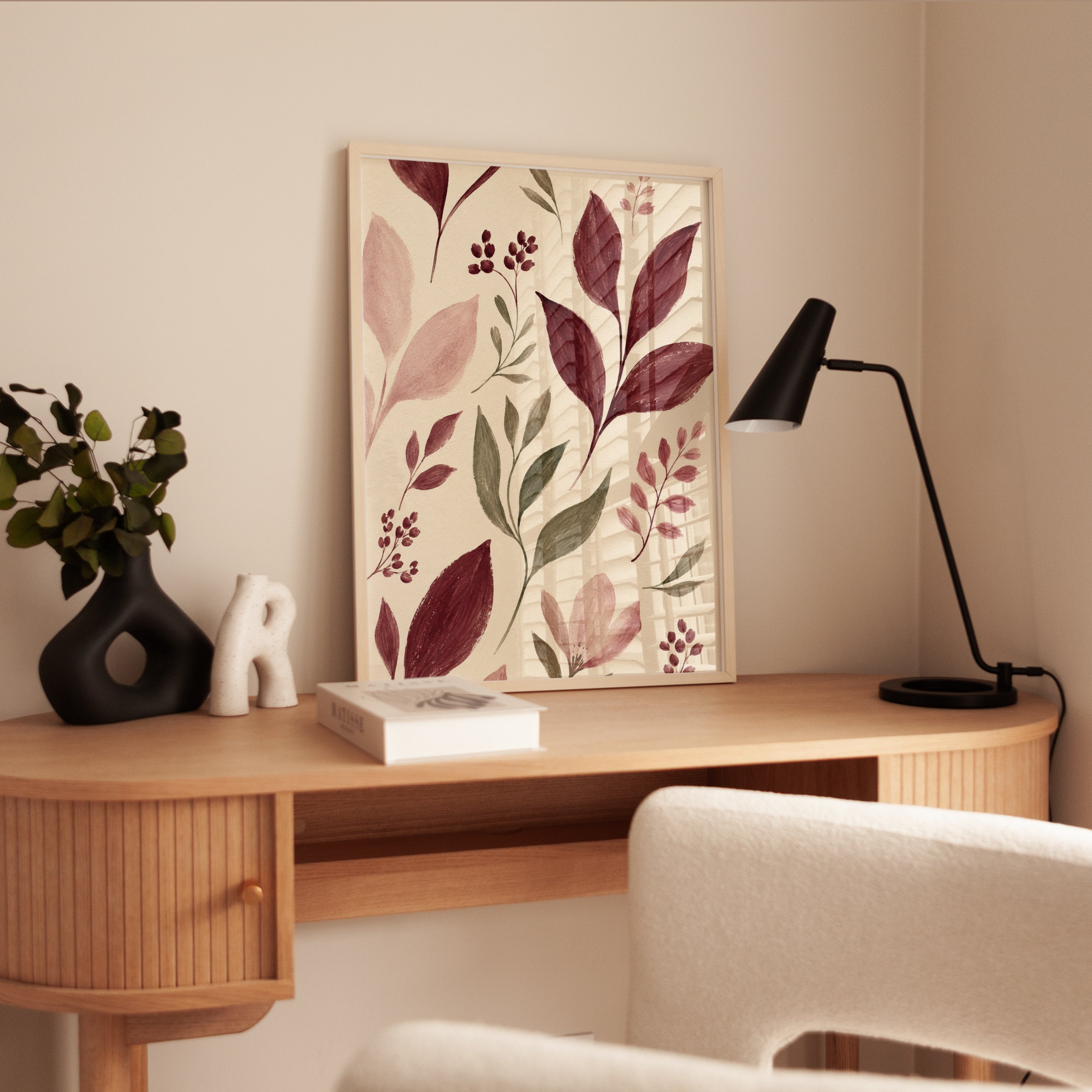 Burgundy Botanical Art Print: Watercolor Leaves and Berries - interior