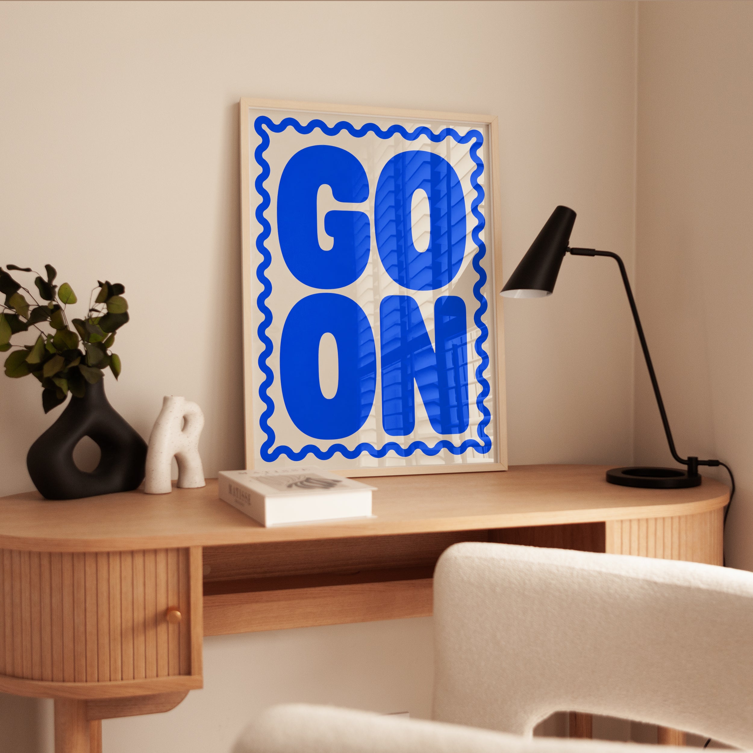 Go On Typography Poster: Bold Blue Motivational Wall Art - interior