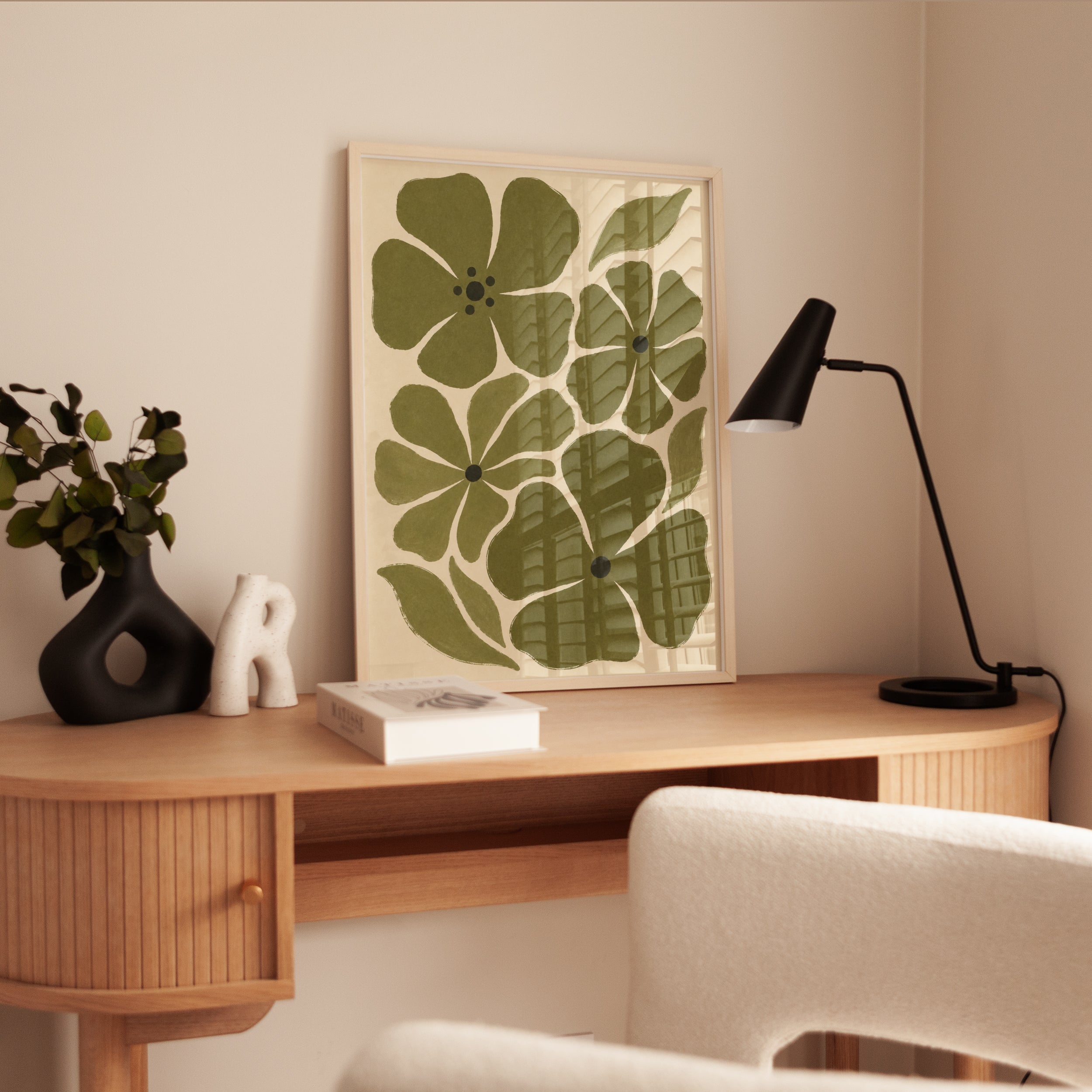 Olive Green Floral Poster: Mid-Century Modern Botanical Art - interior