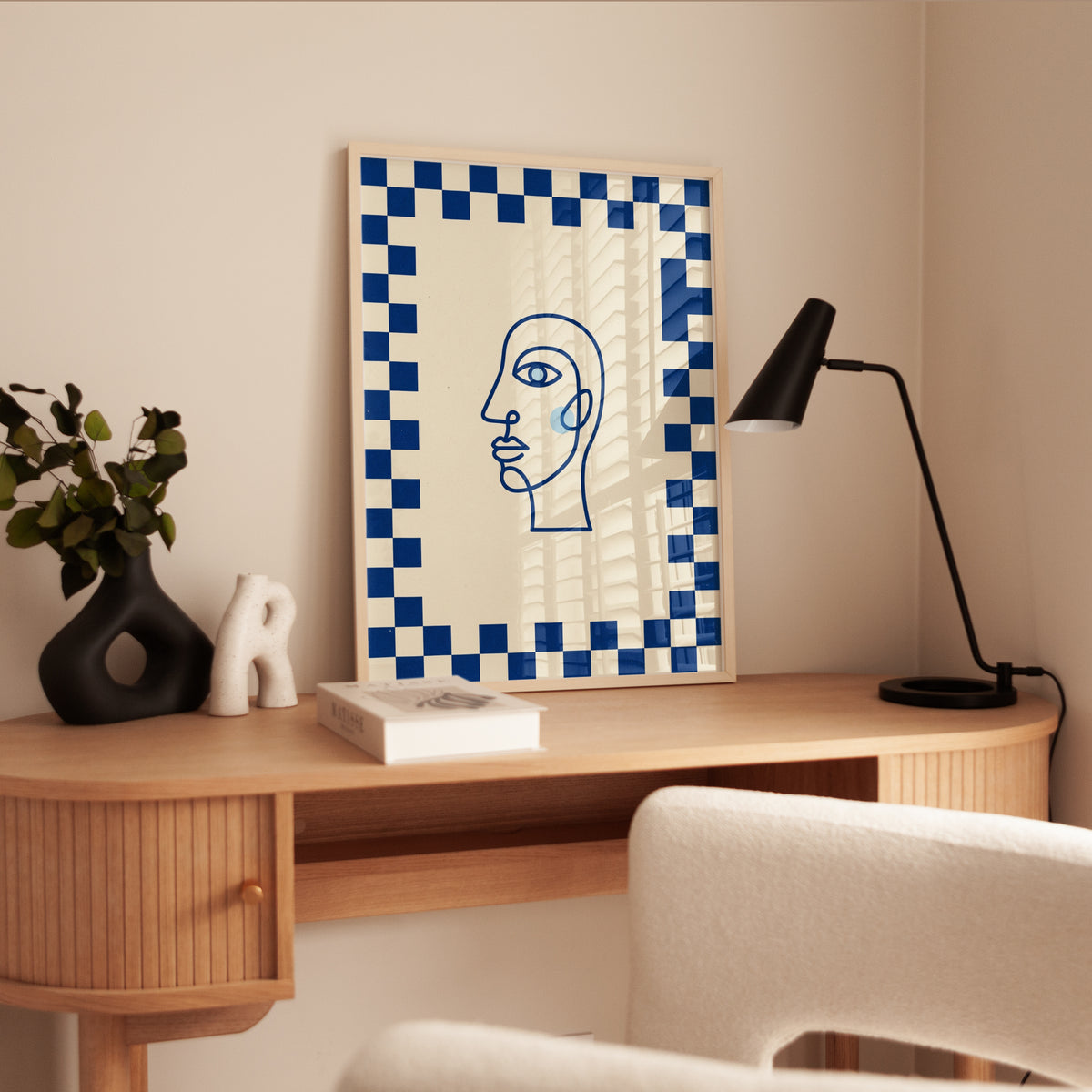 Line Art Face Print: Minimalist Blue and Cream Checkerboard - interior