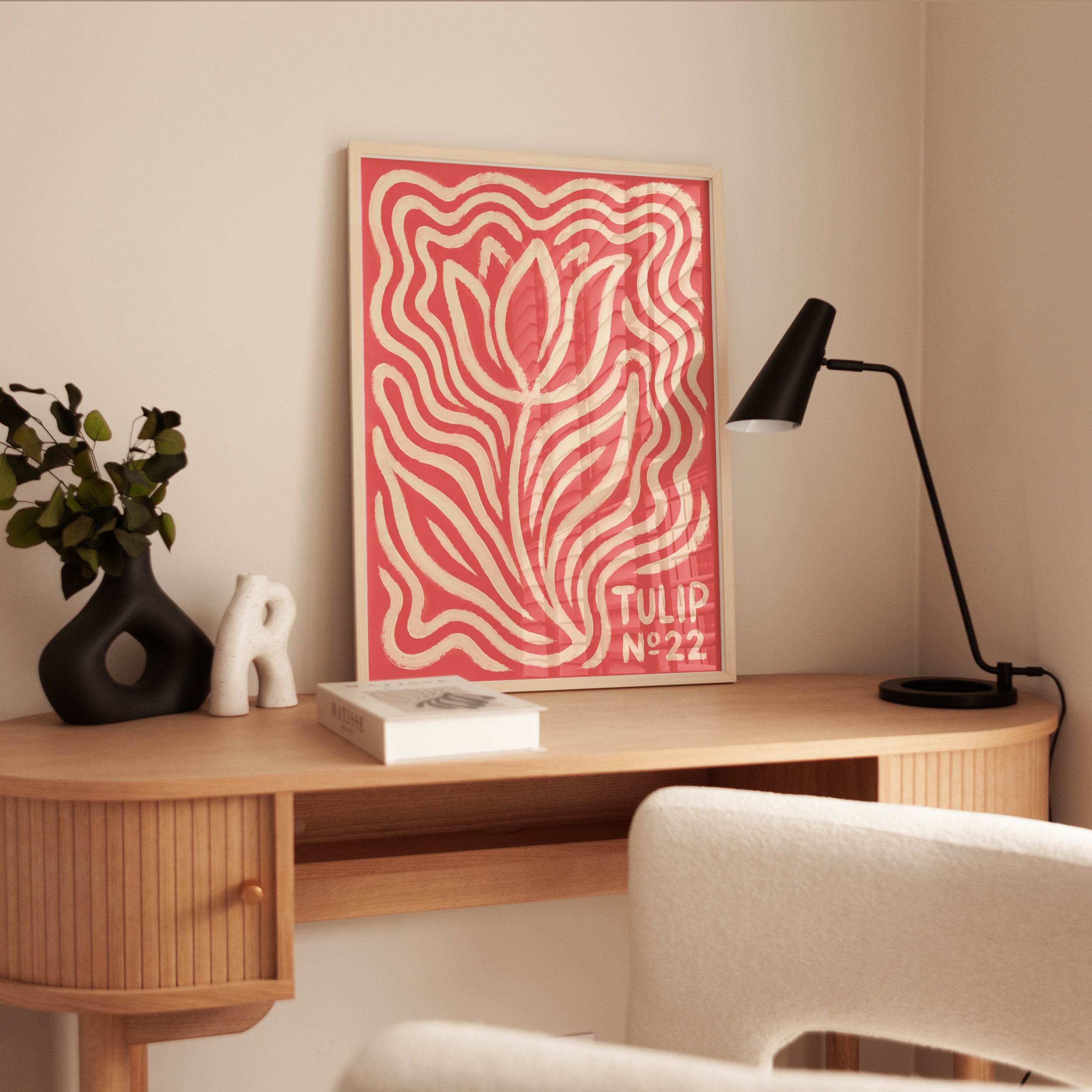 Retro Tulip Poster: Coral and Cream Psychedelic Flower Art - interior