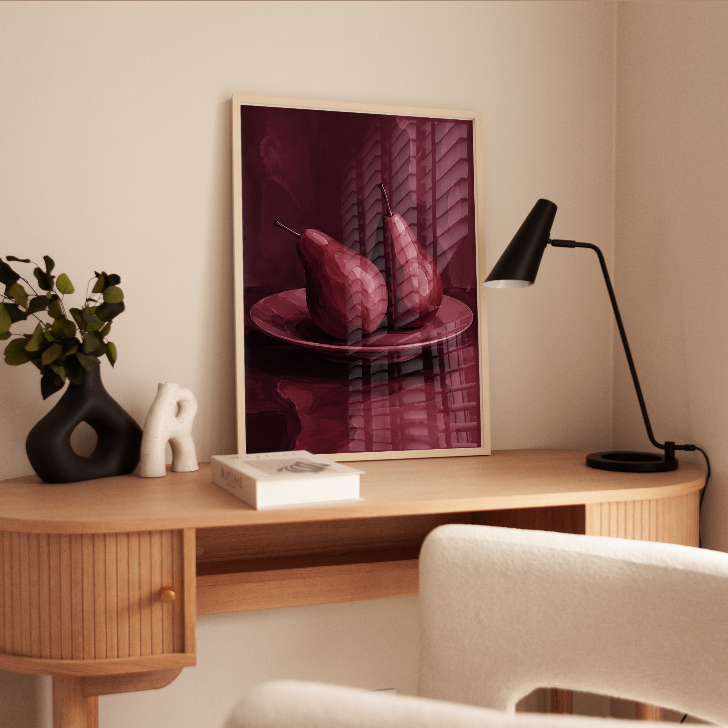 Monochromatic Pears Still Life: Burgundy Red Art Print - interior