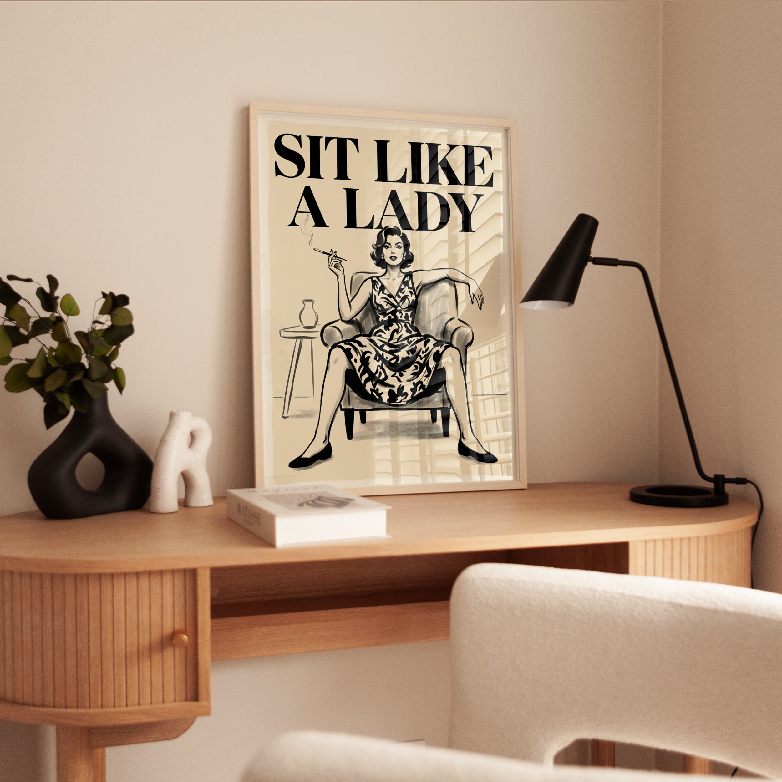 Sit Like a Lady Art Print: Retro Midcentury Woman Portrait - interior