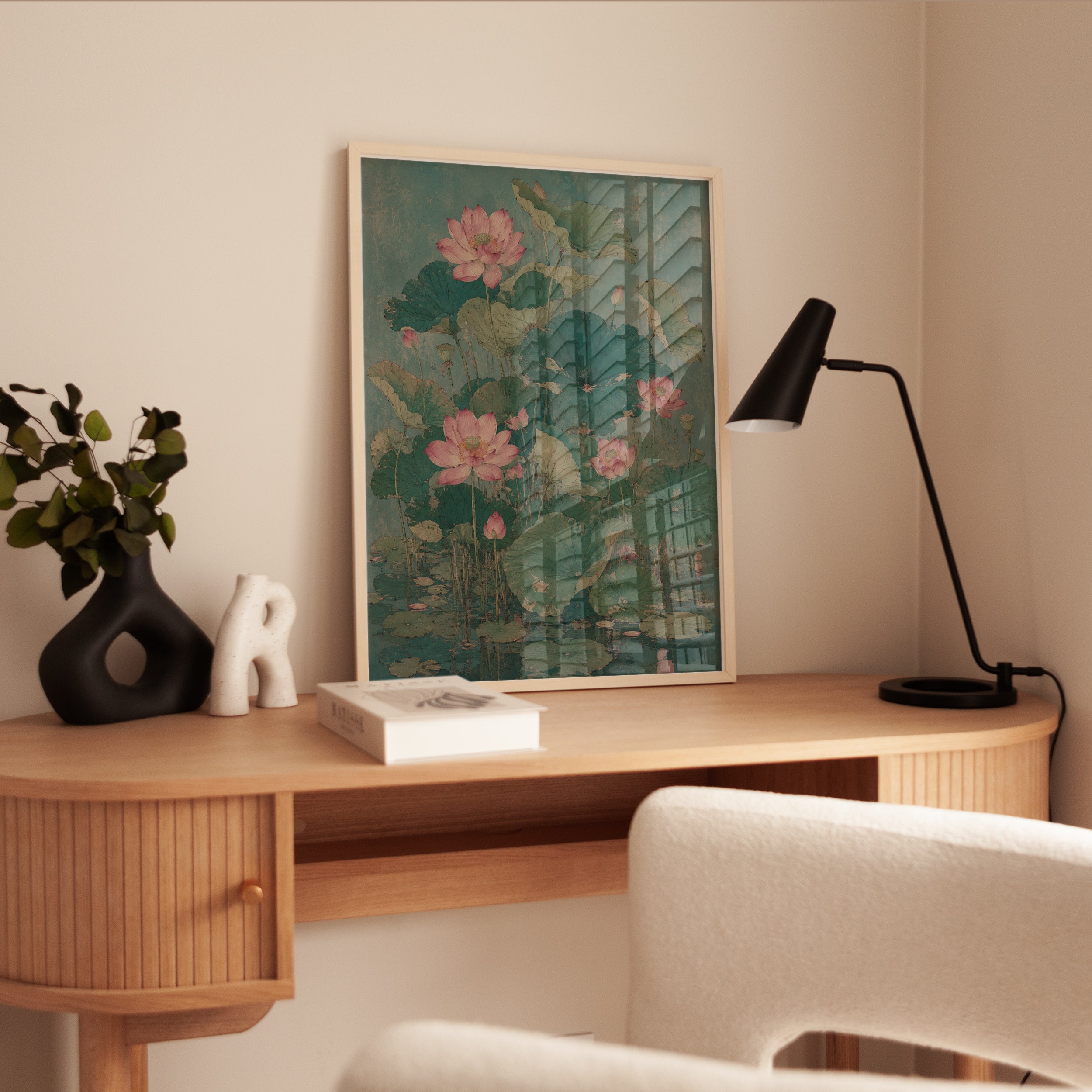 Pink Lotus Flowers Art Print: Vintage Asian Botanical Style - interior