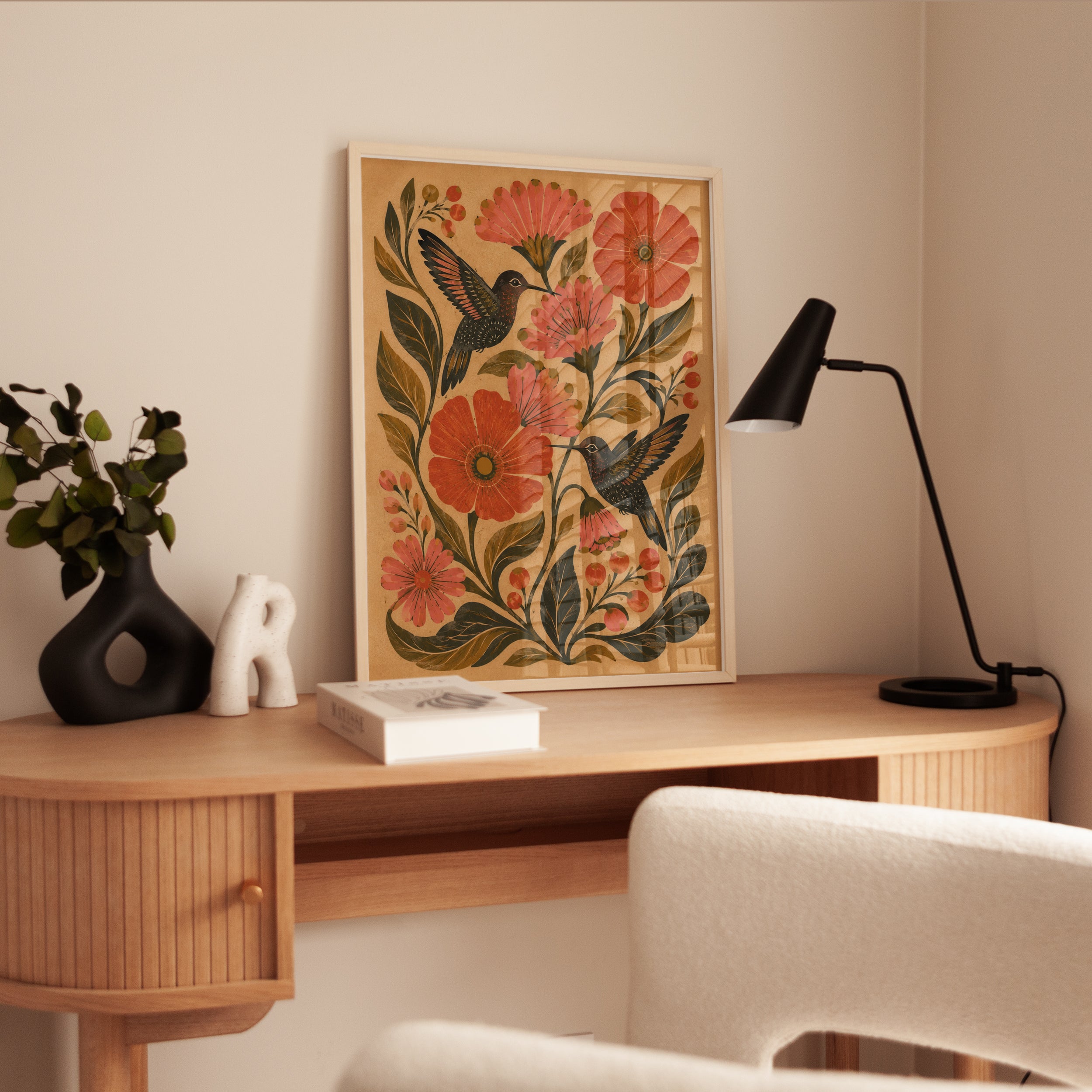 Folk Art Hummingbird Print — Hand-Painted Floral Bird Illustration - interior