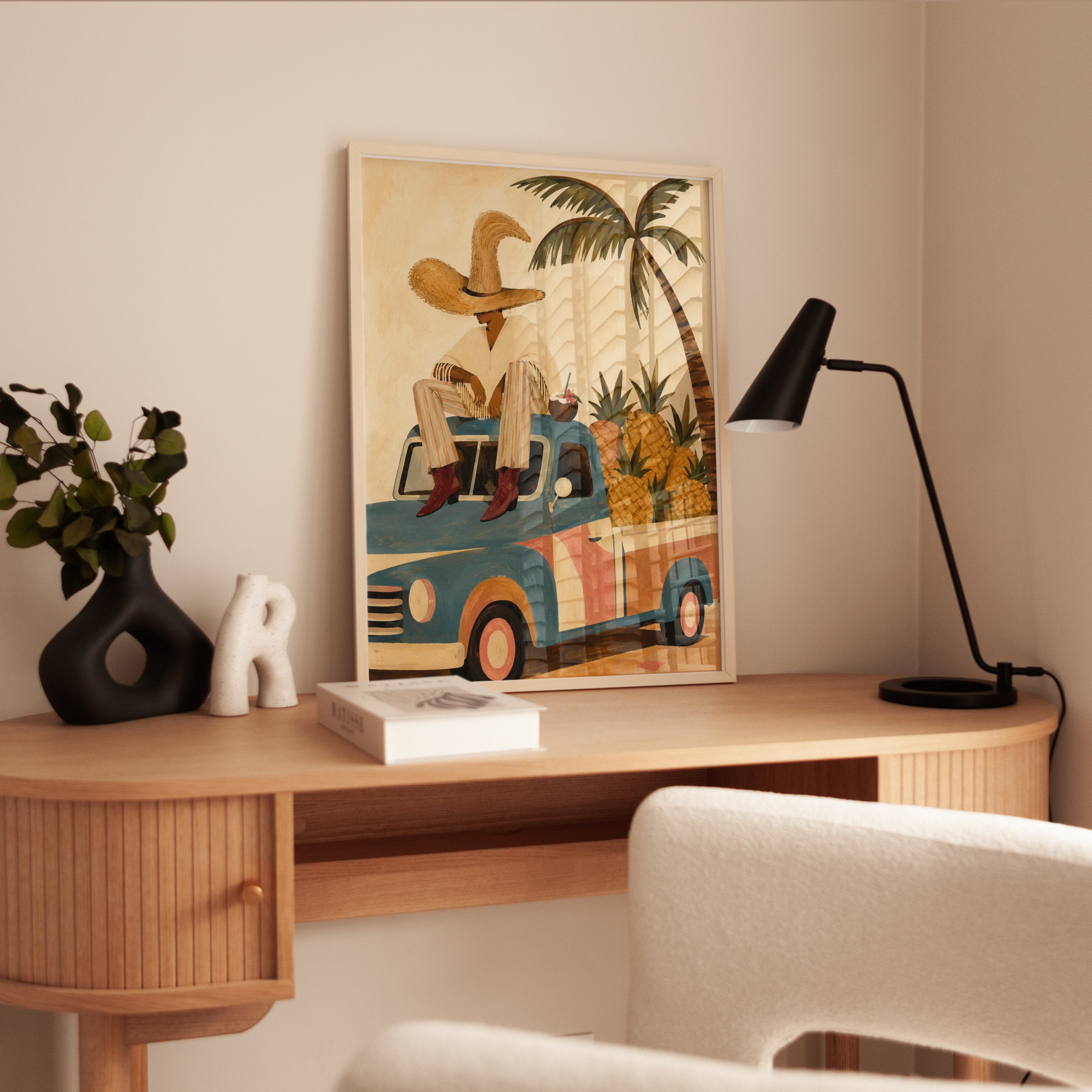 Vintage Tropical Truck Print: Retro Blue Pickup with Pineapples - interior