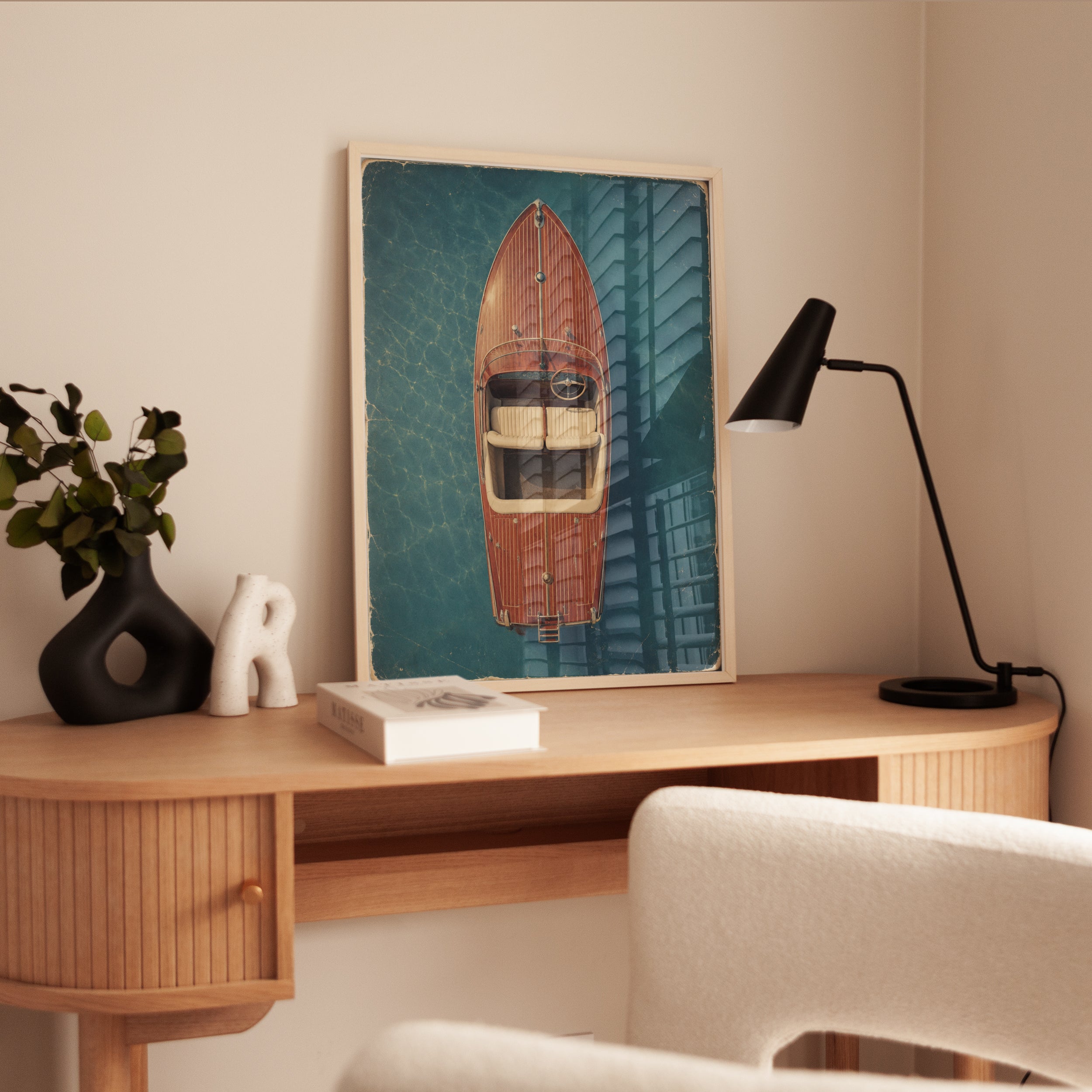 Vintage Boat Wall Art – Aerial View Print - interior