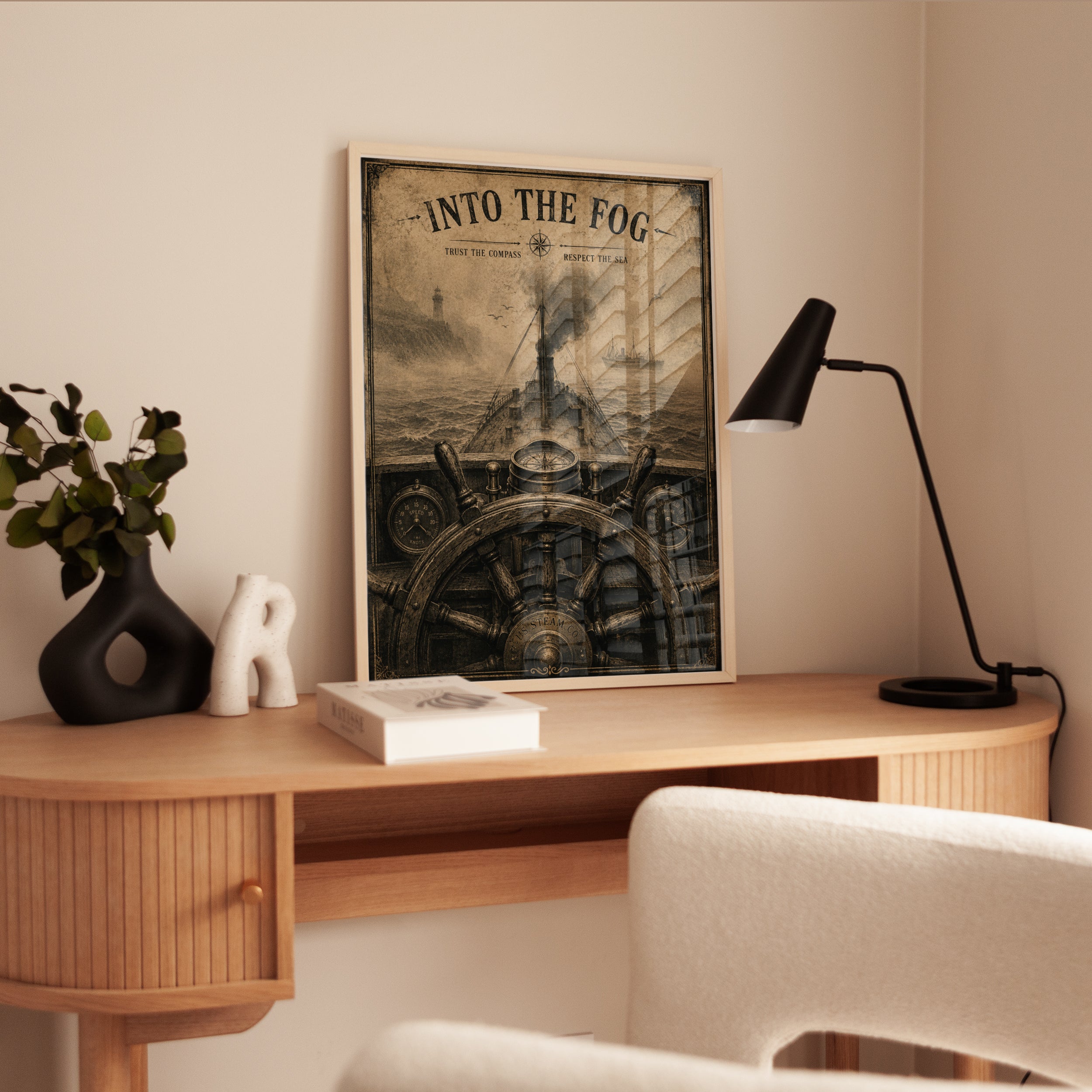 Into The Fog Nautical Print: Vintage Steamship Maritime Wall Art - interior