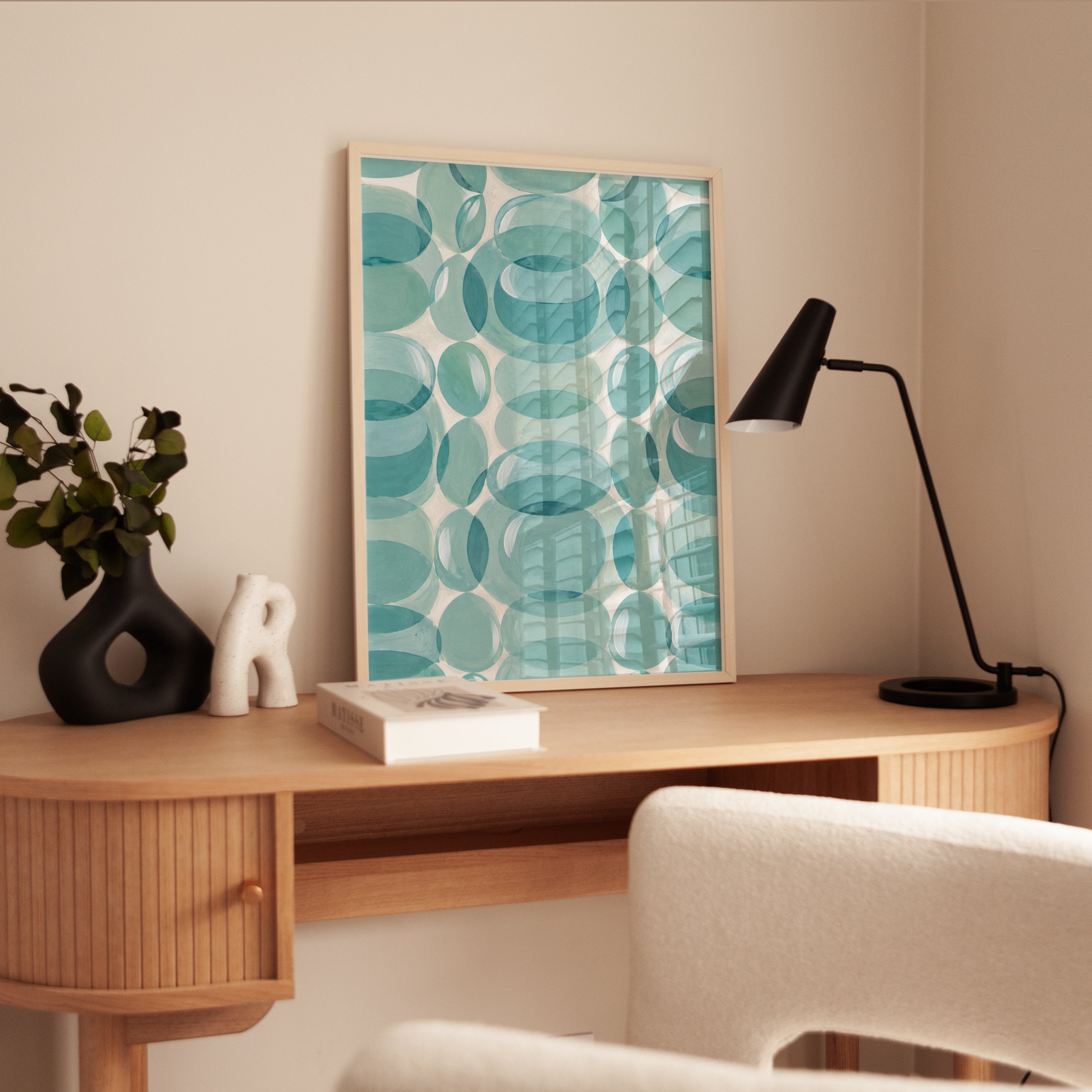 Mid-Century Modern Teal Ovals Art Print: Abstract Geometric Design - interior