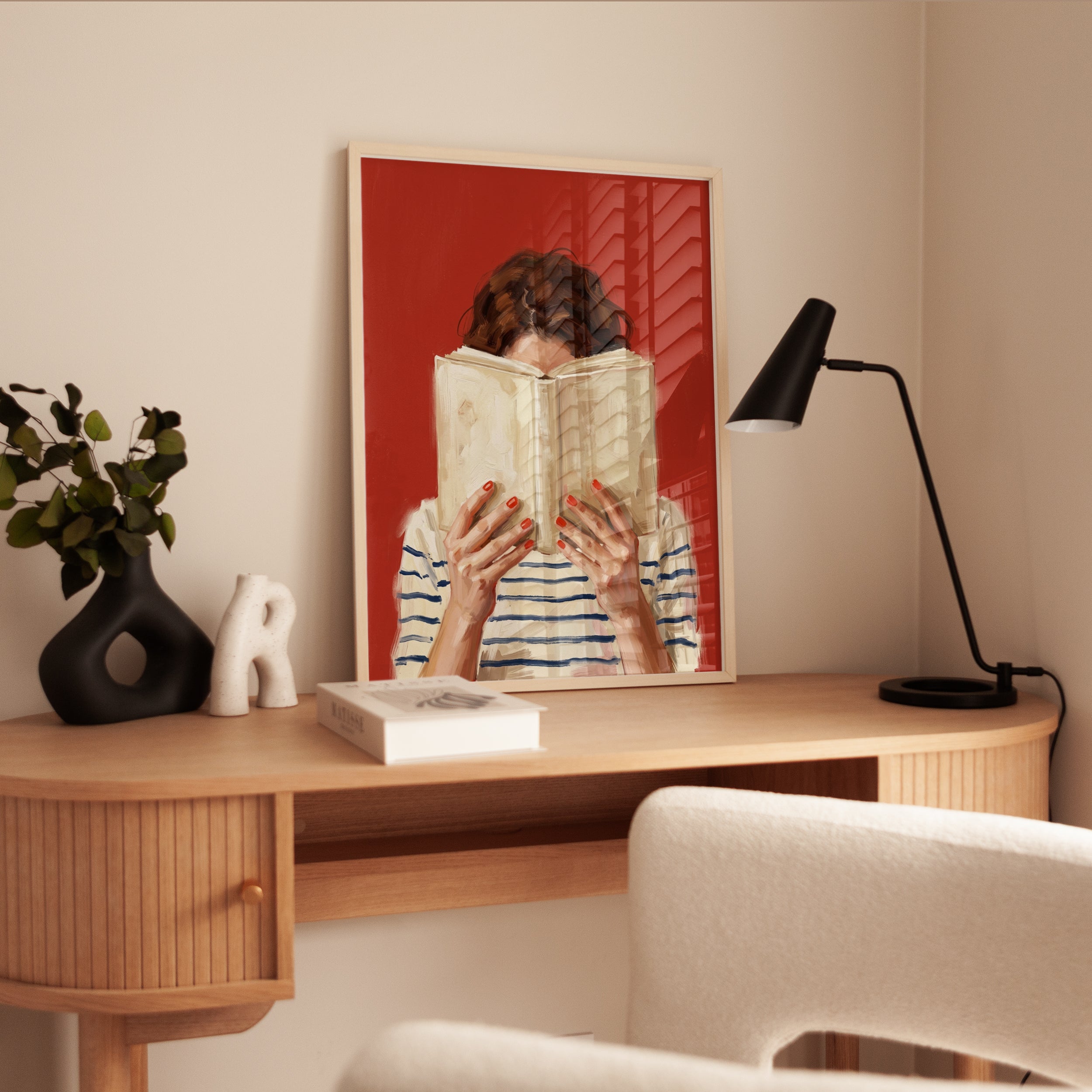 Woman Reading Book Art Print: Contemporary Red Background Portrait - interior
