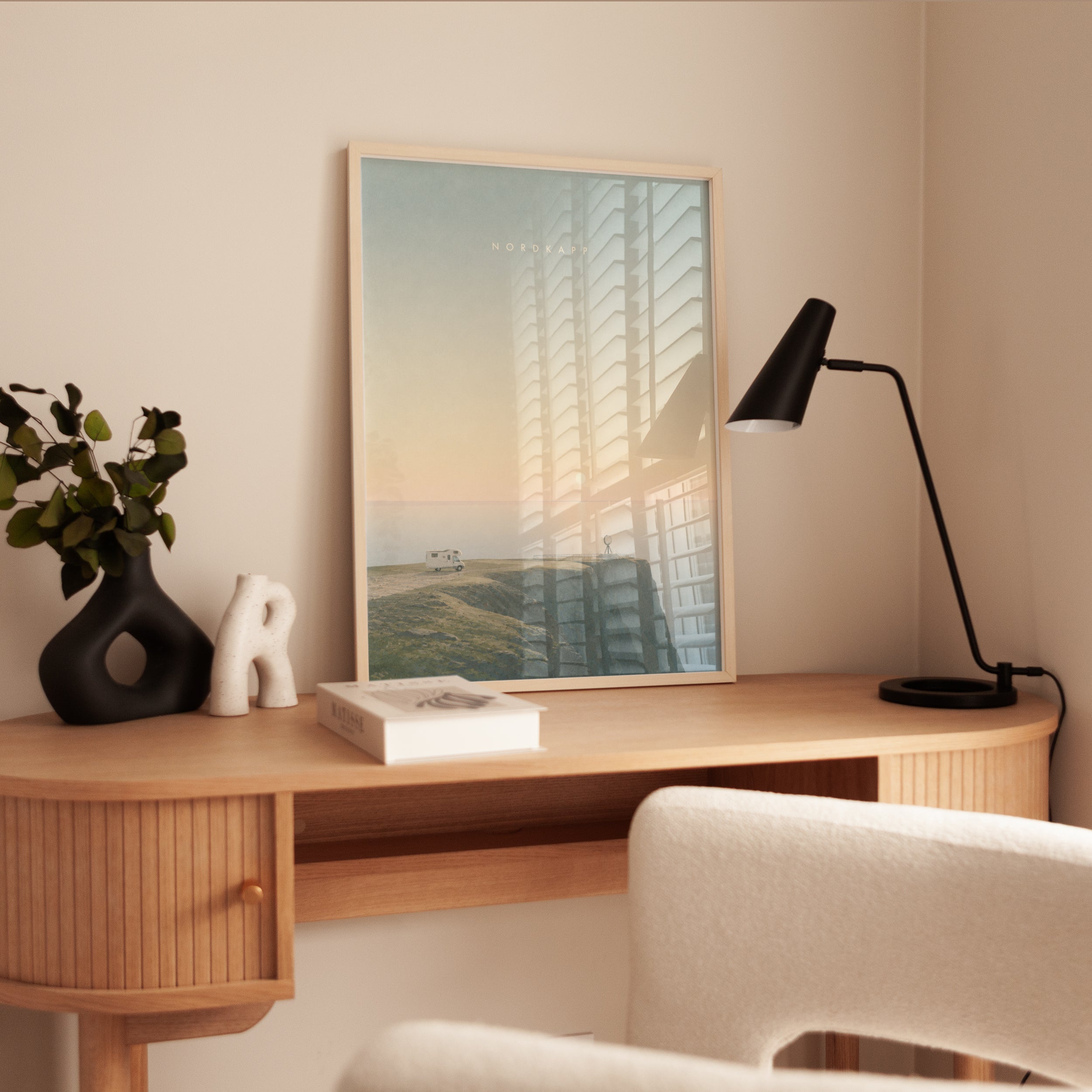 Coastal Cliff Camper Van Print: Minimalist Nordic Landscape Art - interior