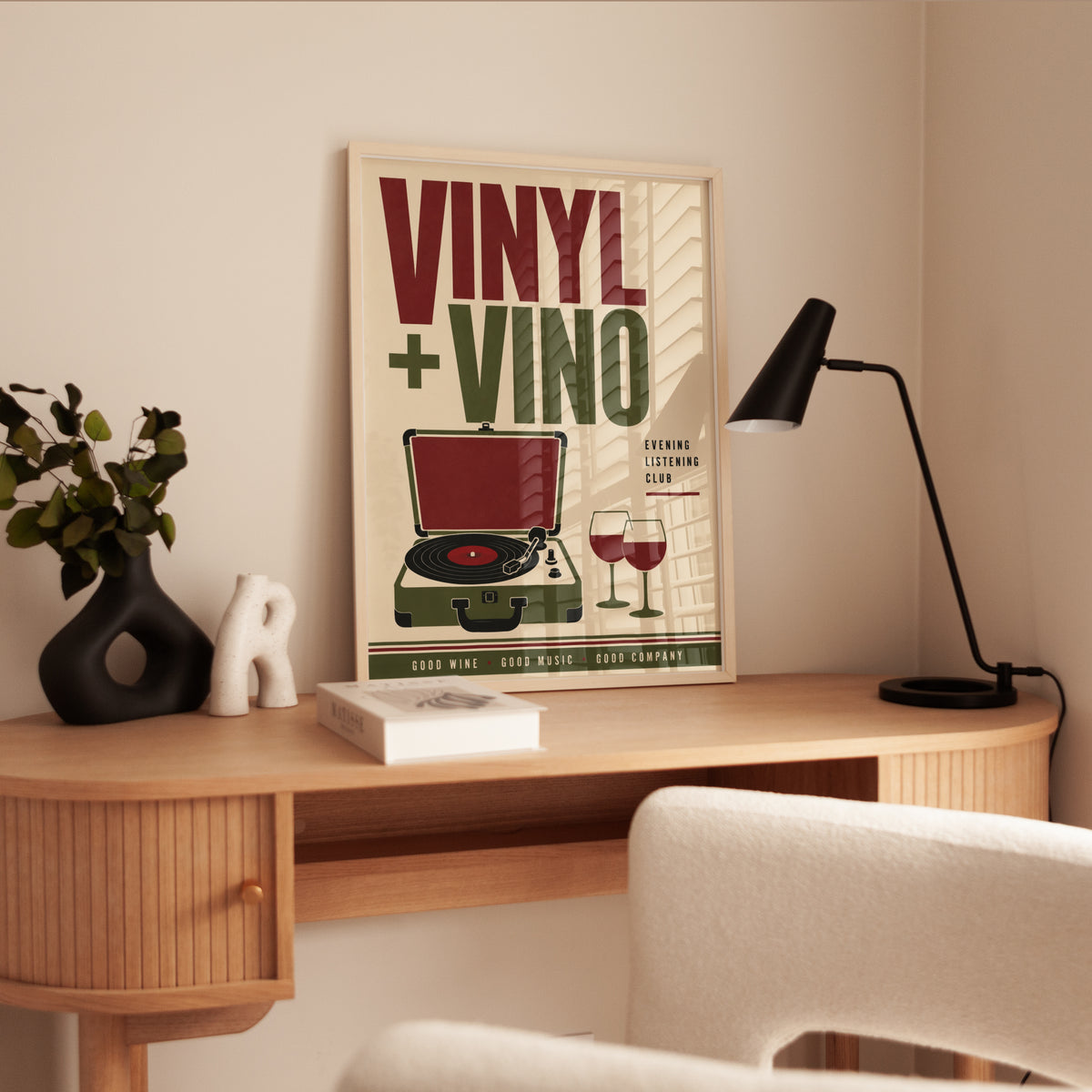 Vinyl + Vino Retro Poster — Mid-Century Music & Wine Print - interior