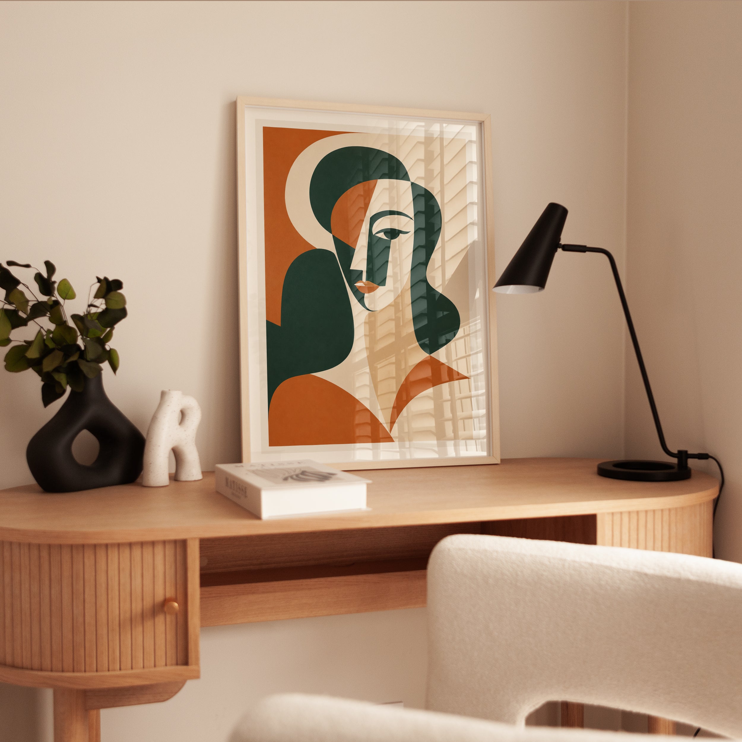 Cubist Woman Portrait: Abstract Art Print in Green and Terracotta - interior