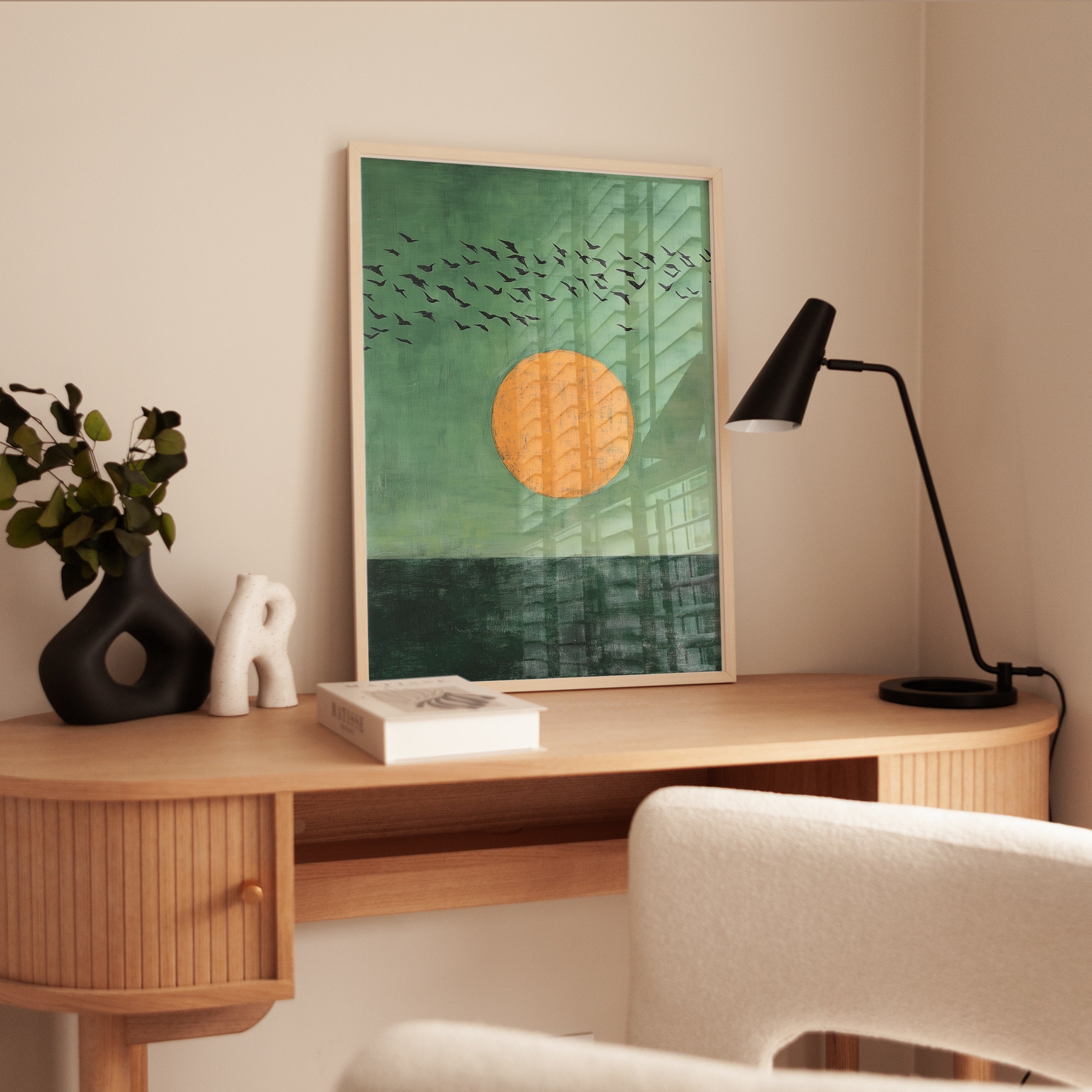 Birds in Flight Wall Art: Minimalist Nature Print (Green and Orange) - interior