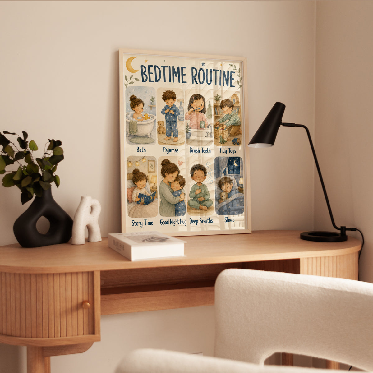 Bedtime Routine Chart: Watercolor Kids Art for Nursery & Bedroom - interior
