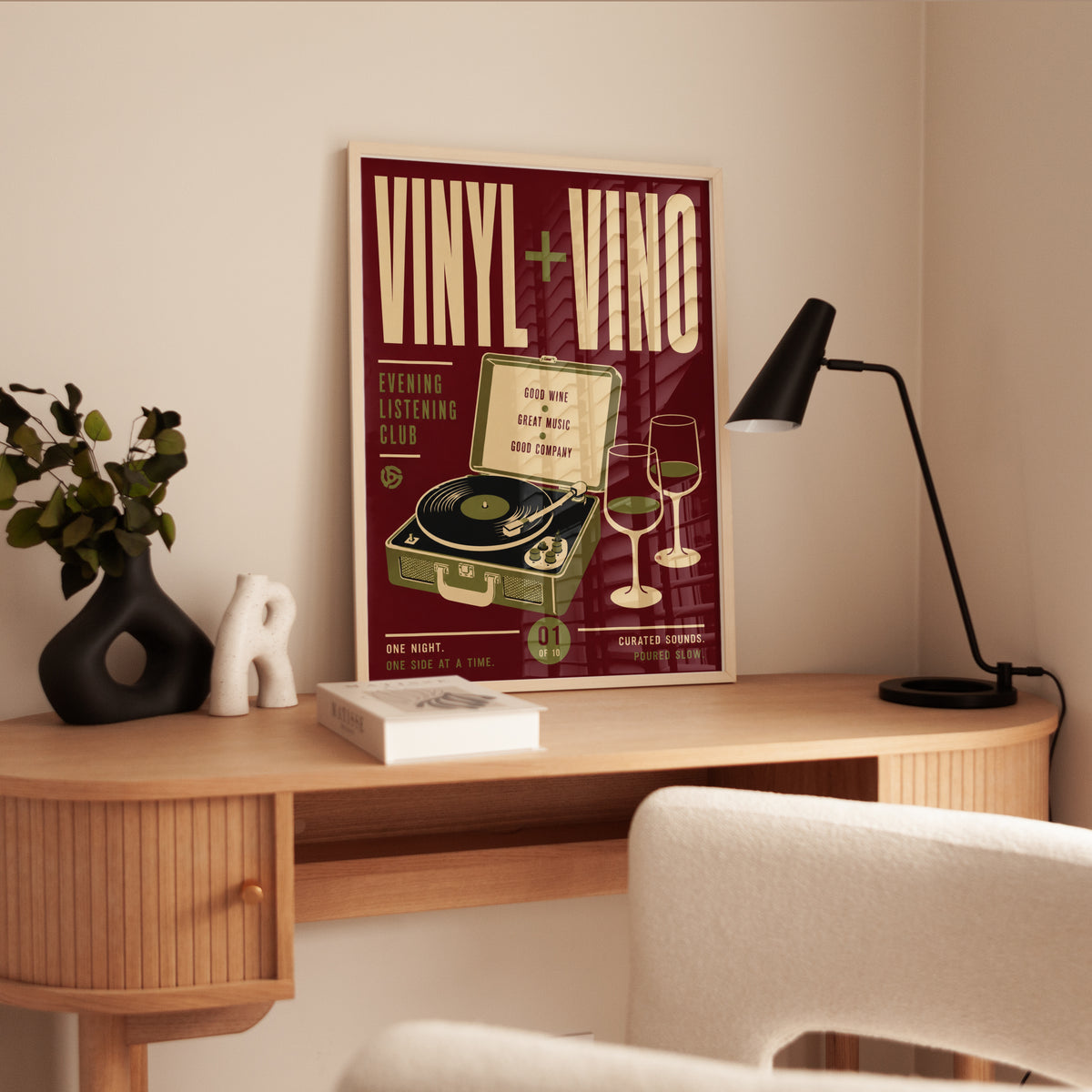 Vinyl and Vino Retro Poster: Mid-Century Music Listening Club - interior