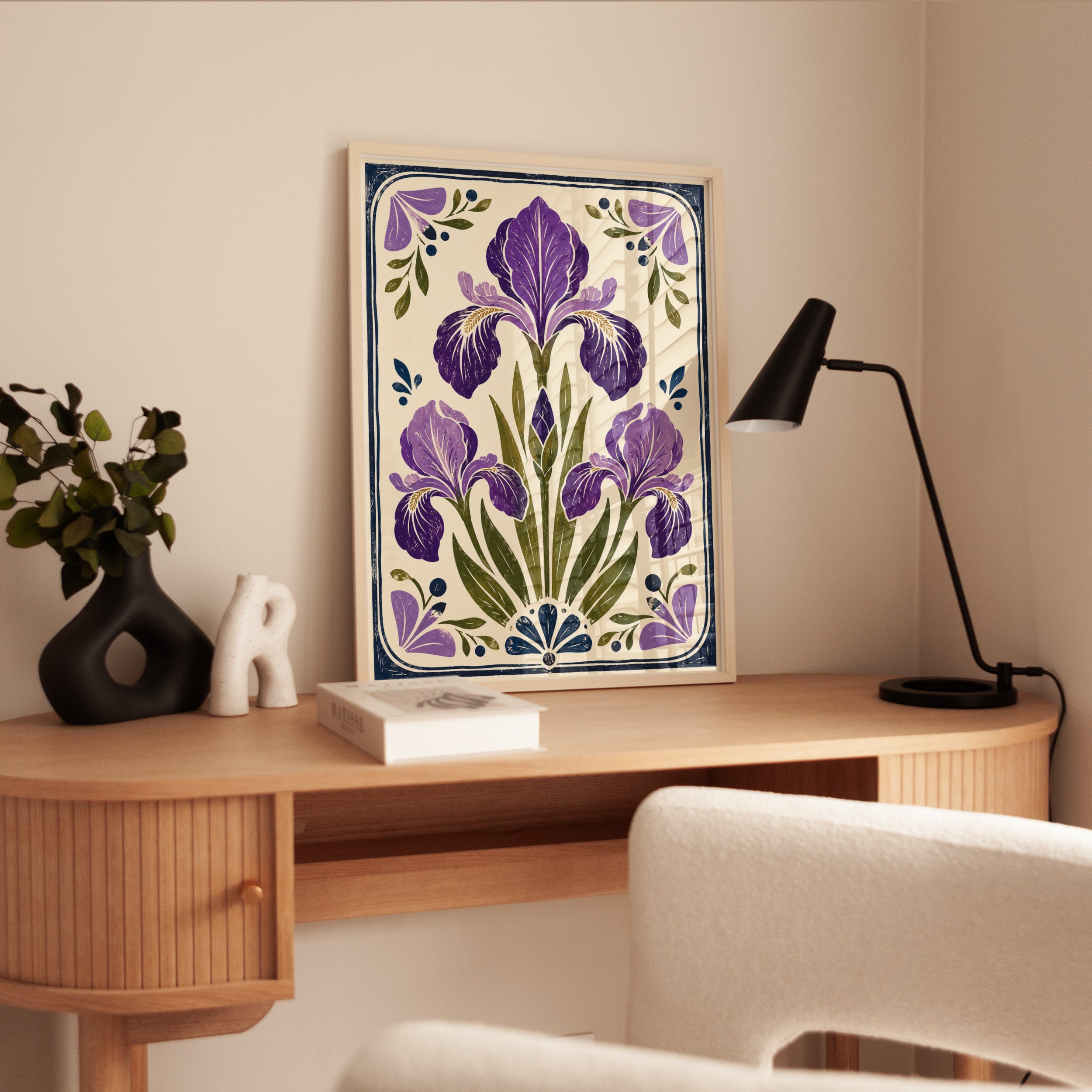 Iris Flower Wall Art – Folk Art Botanical Print - interior