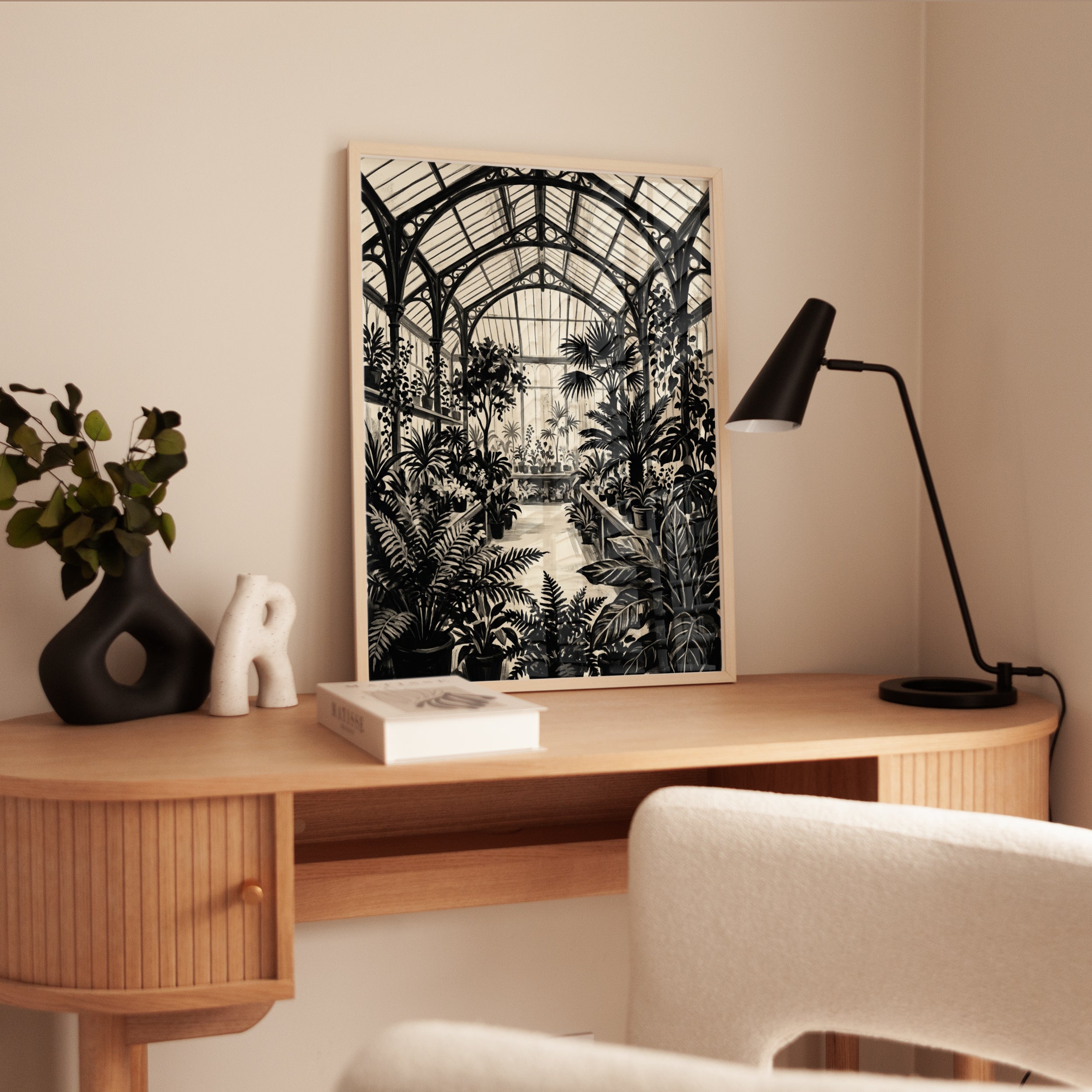 Victorian Glasshouse Interior: Black and White Botanical Art Print - interior