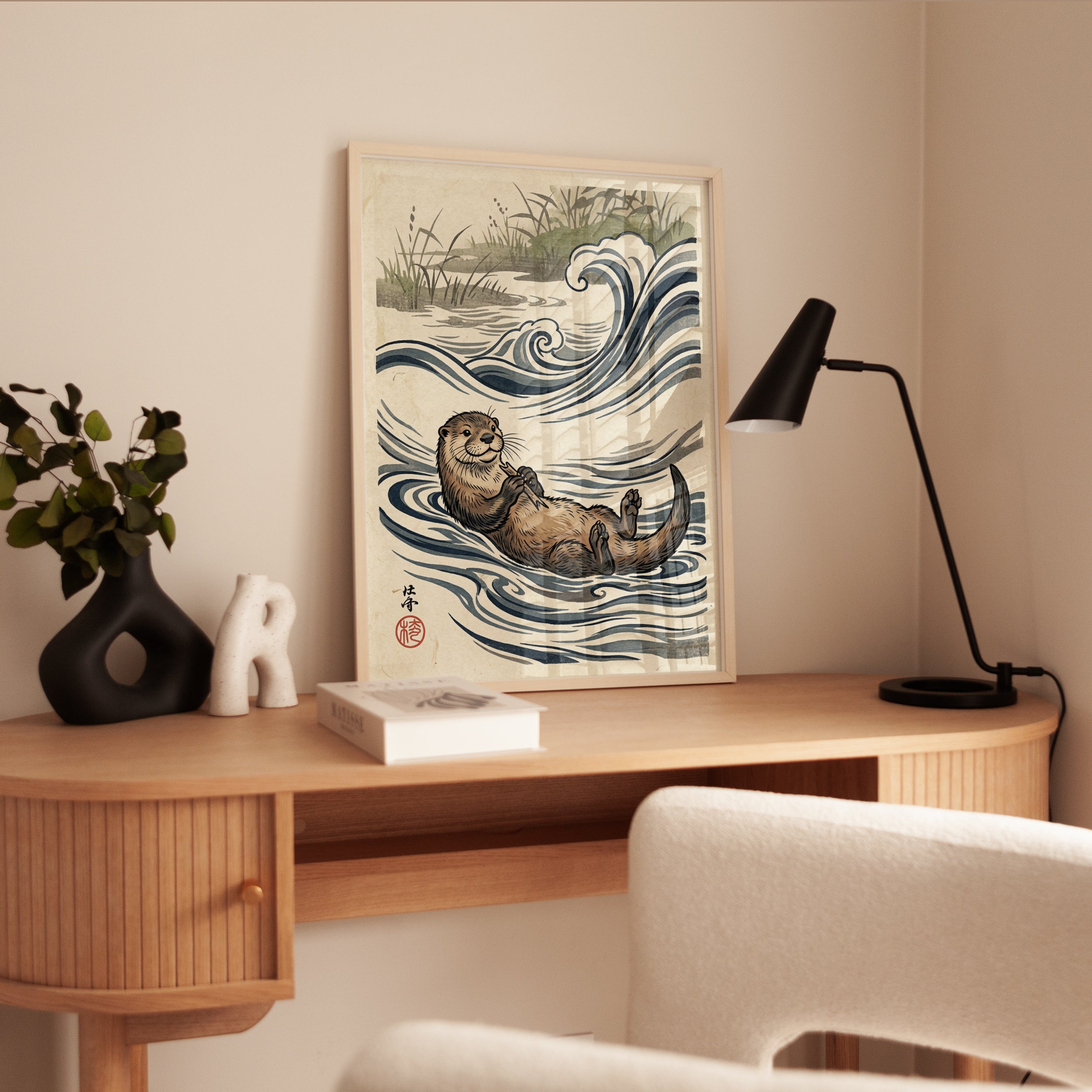 Otter in Waves Art Print: Japanese Woodblock Style Wildlife - interior