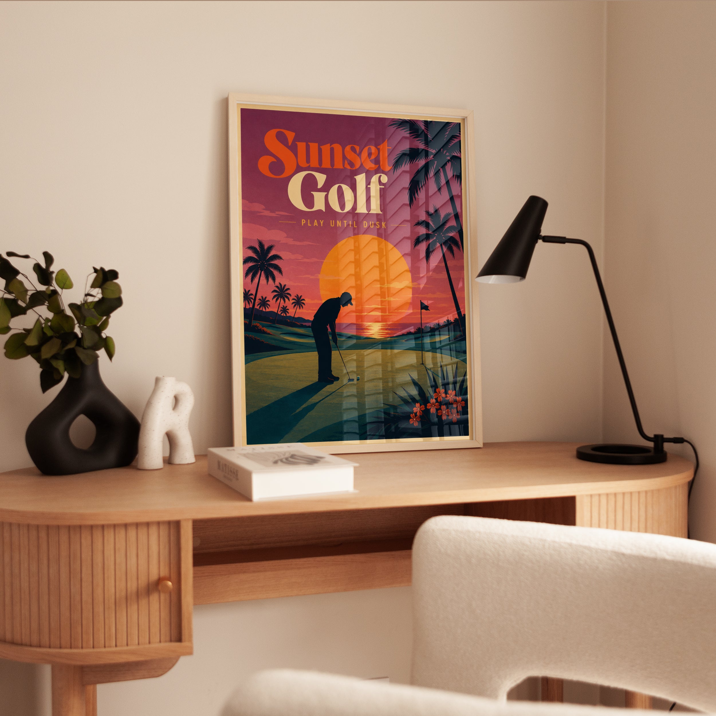 Vintage Golf Poster Print: Retro Sunset Palm Trees - interior