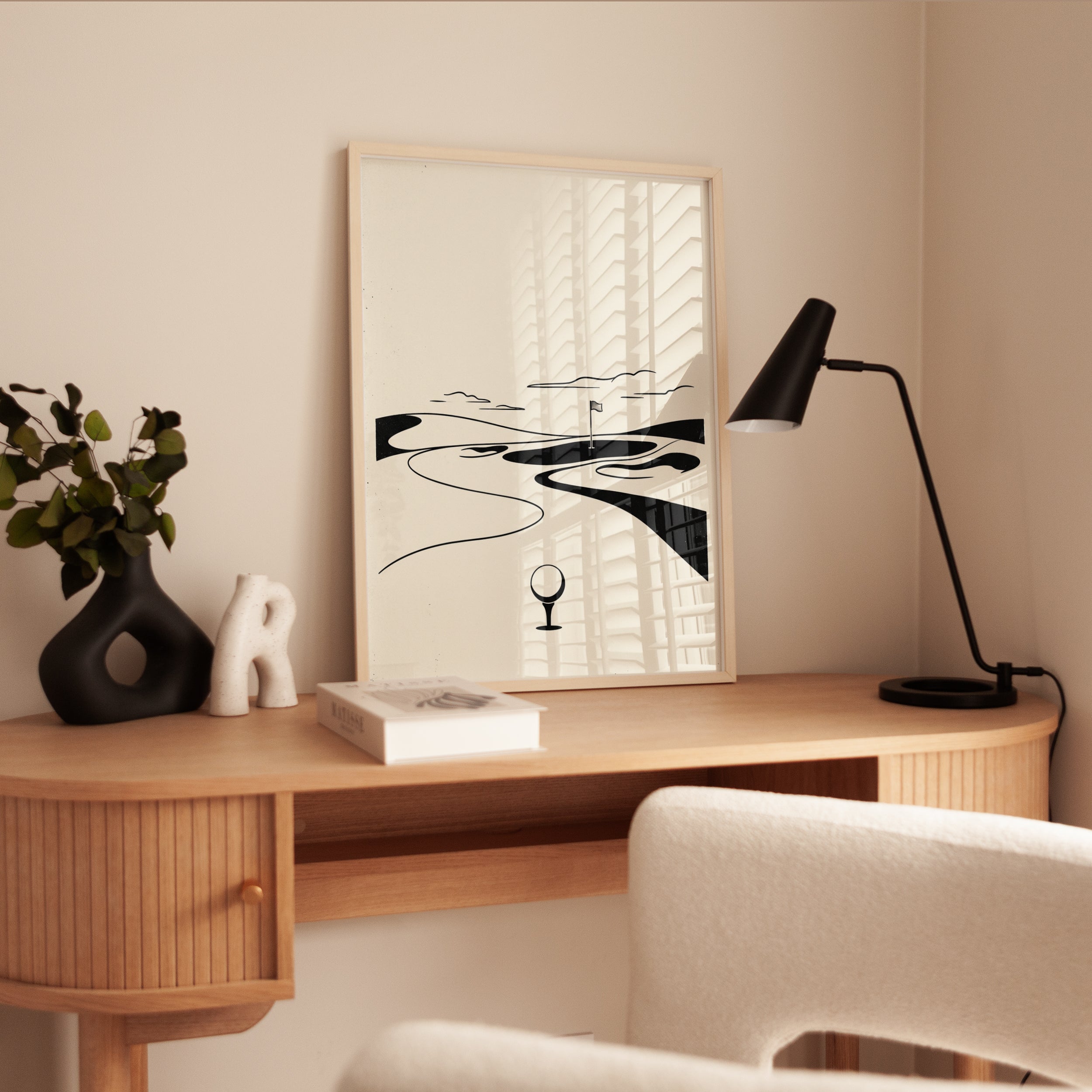 Minimalist Golf Course Art Print: Black and White Line Design - interior