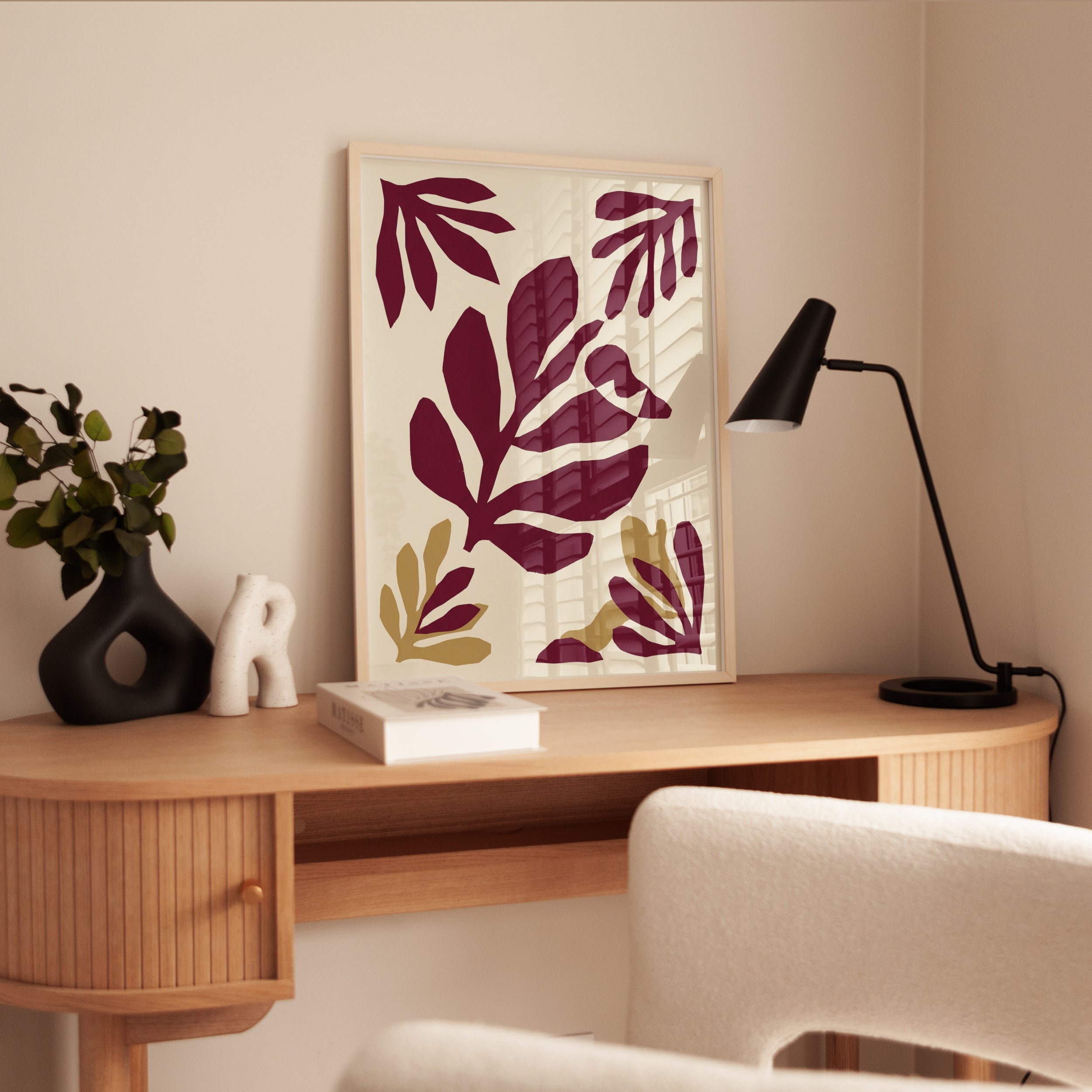 Matisse Style Botanical Cutout: Burgundy and Gold Wall Art - interior