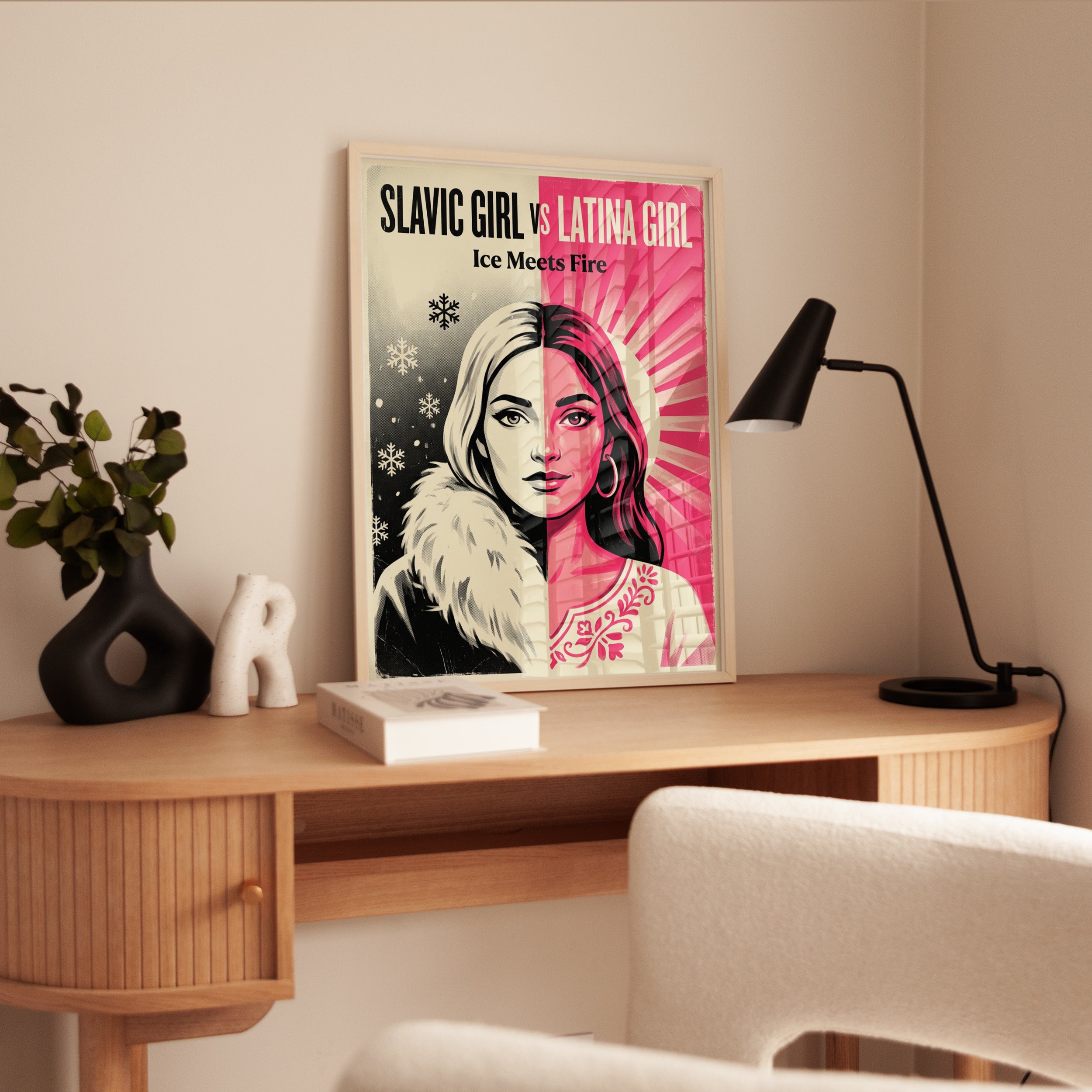 Ice Meets Fire Retro Poster: Split Portrait Pink Black Design - interior