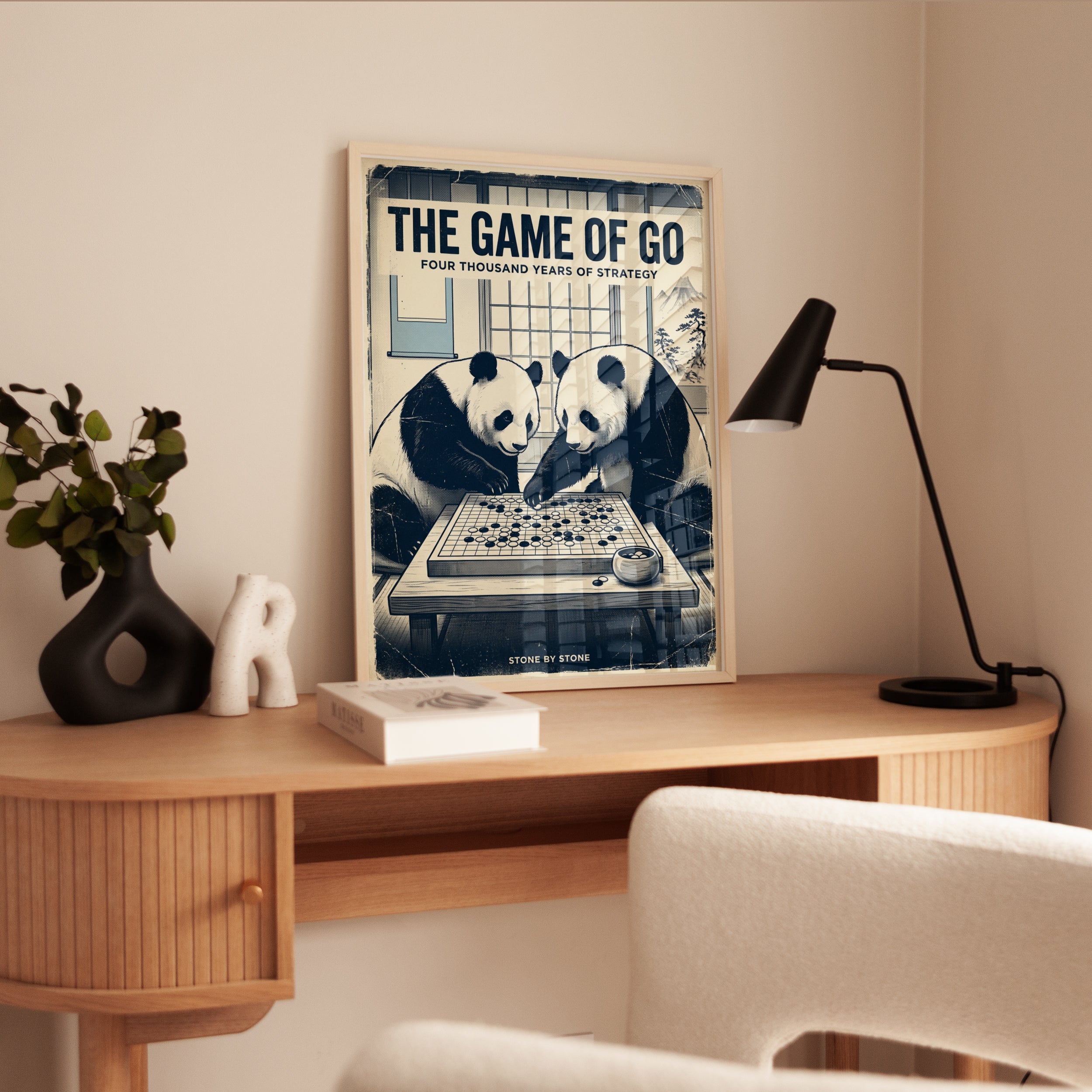 Pandas Playing Go Print: Vintage Japanese Style Board Game Art - interior