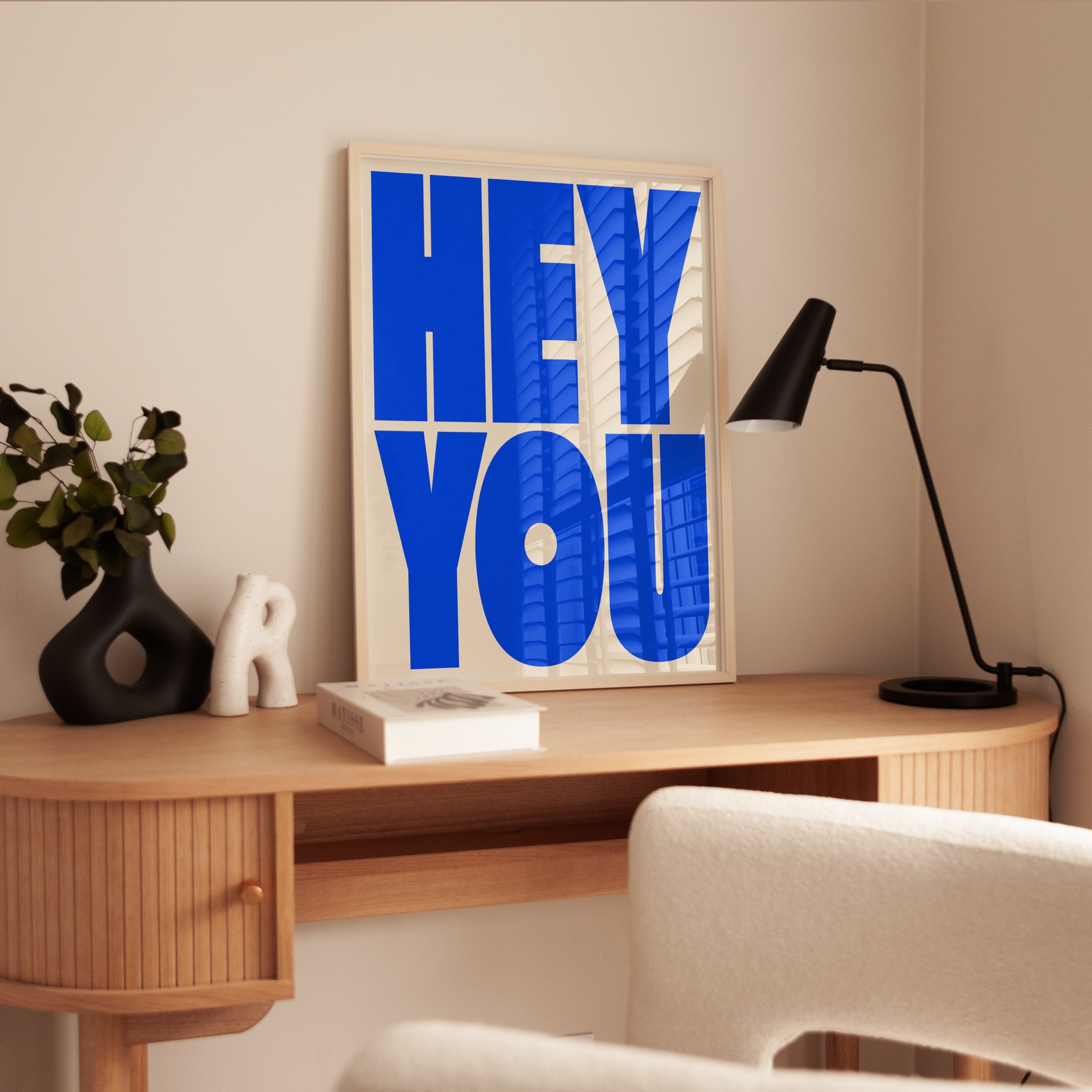 Hey You Typography Print — Bold Blue Graphic Lettering - interior