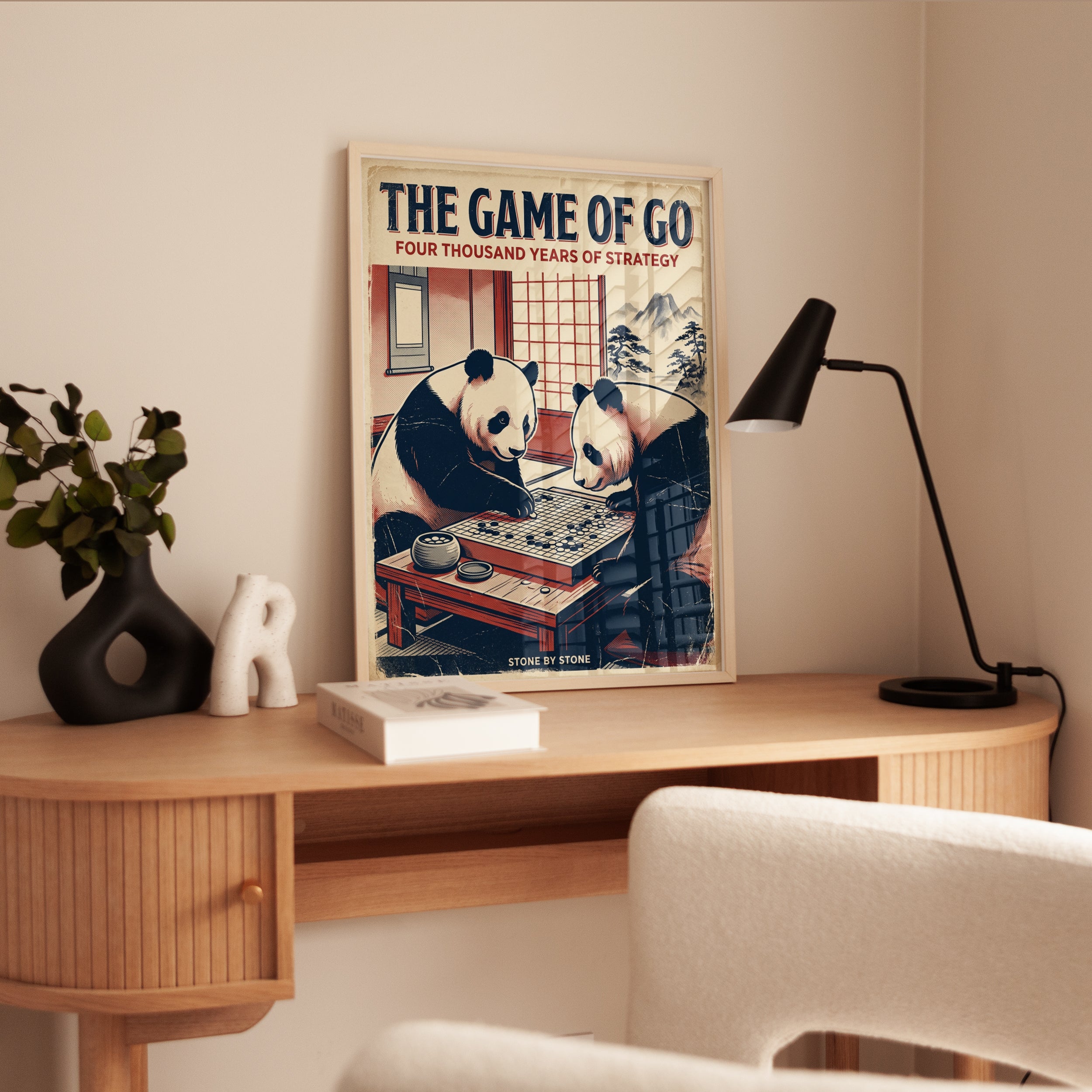 Pandas Playing Go Poster: Vintage Japanese Game Illustration - interior