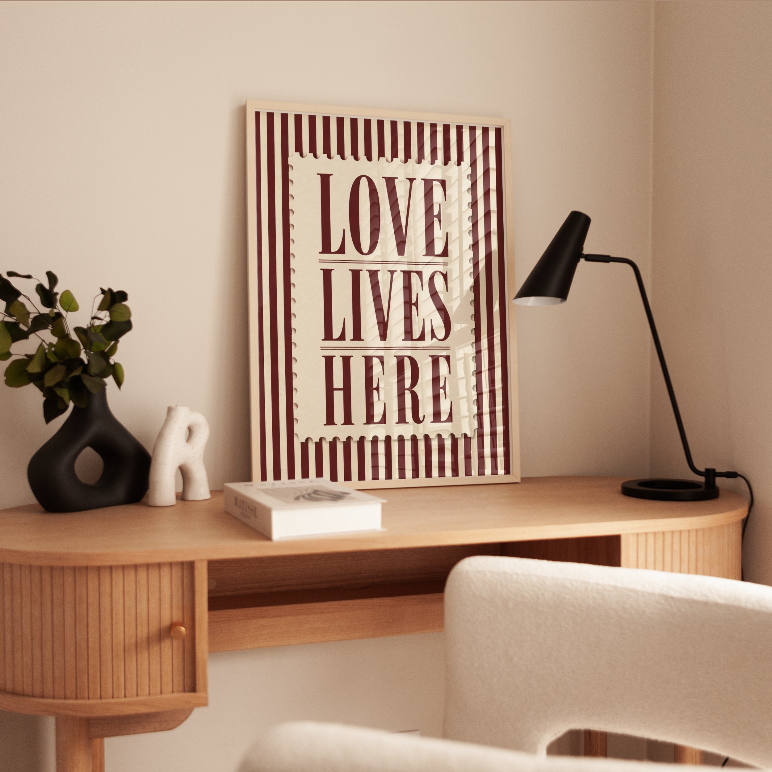 Love Lives Here Typography Print: Vintage Red Striped Wall Art - interior