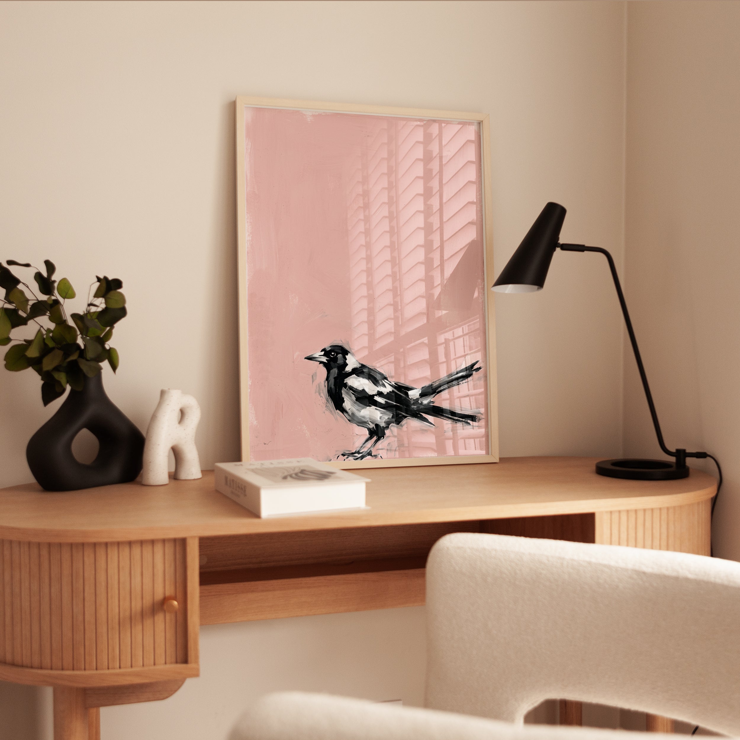 Magpie Bird Art Print: Black and White on Pink Background - interior