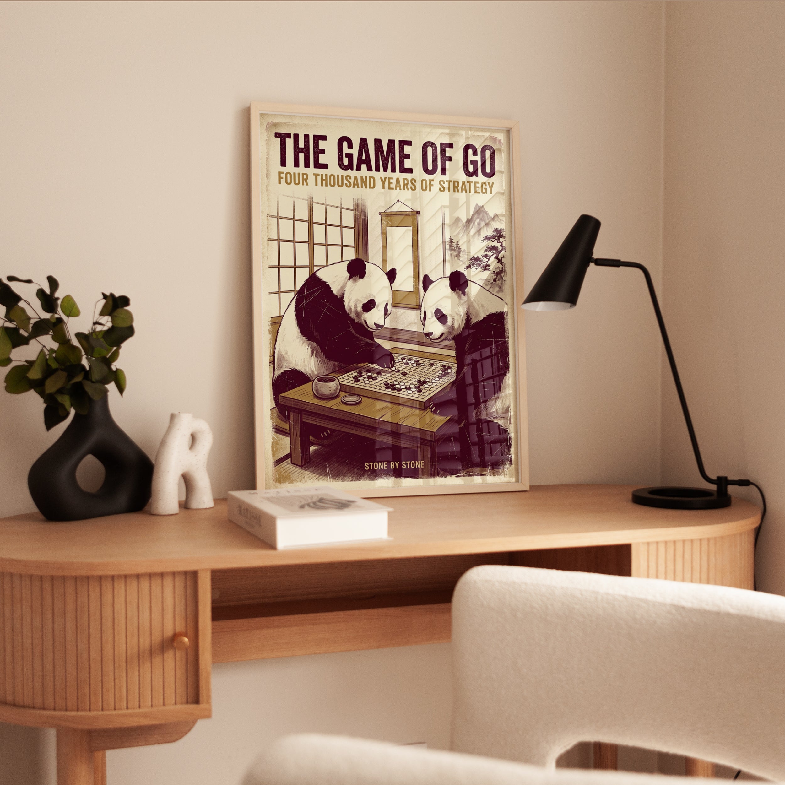 Pandas Playing Go Board Game Poster: Vintage Japanese Style Art - interior