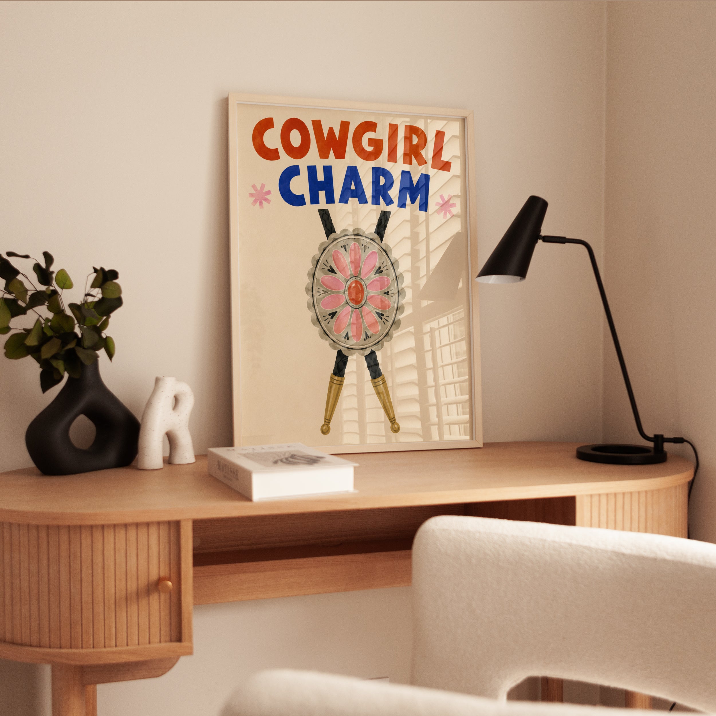Cowgirl Charm Bolo Tie Print: Vintage Western Folk Art Poster - interior