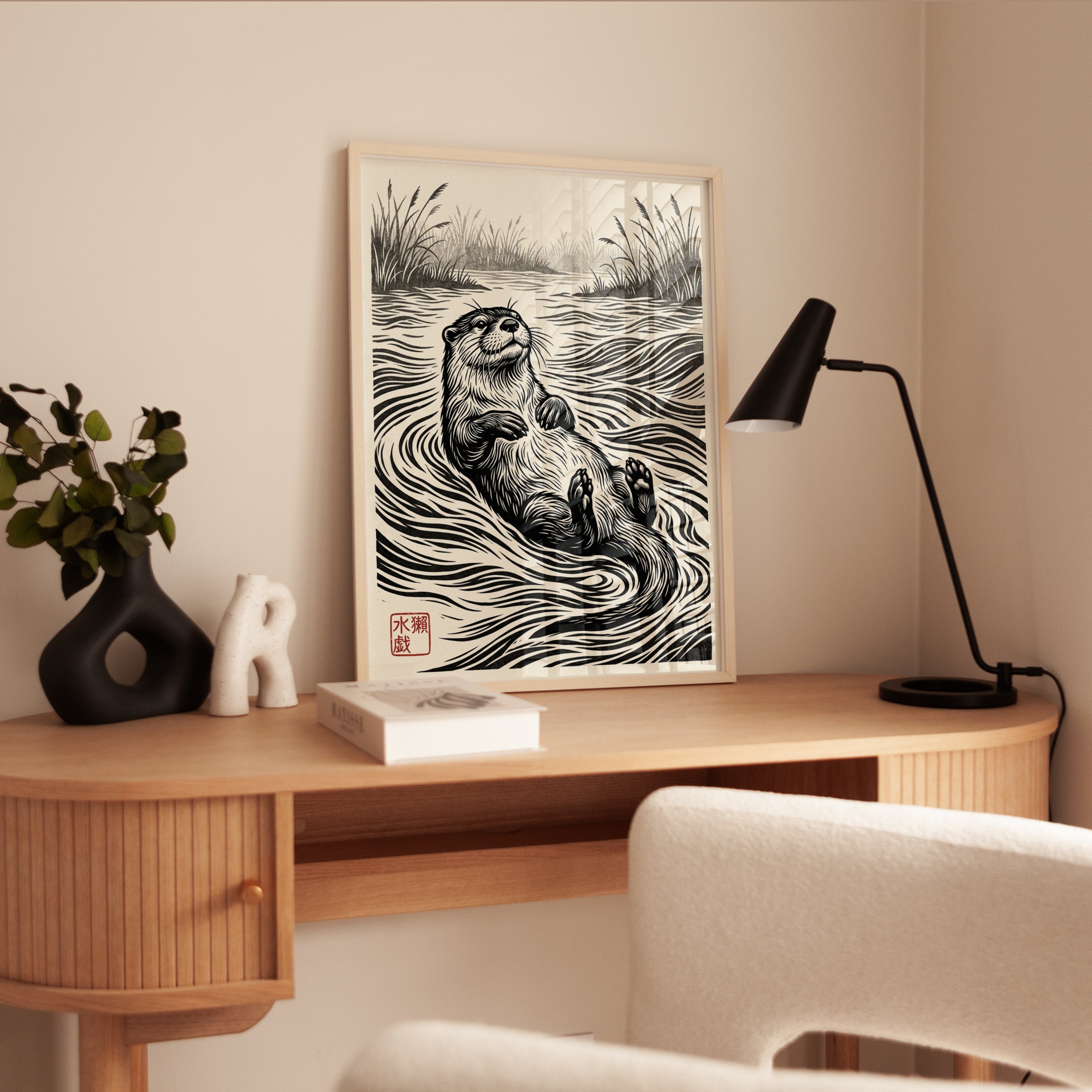 Otter in Water Linocut Print: Black and White Wildlife Art - interior