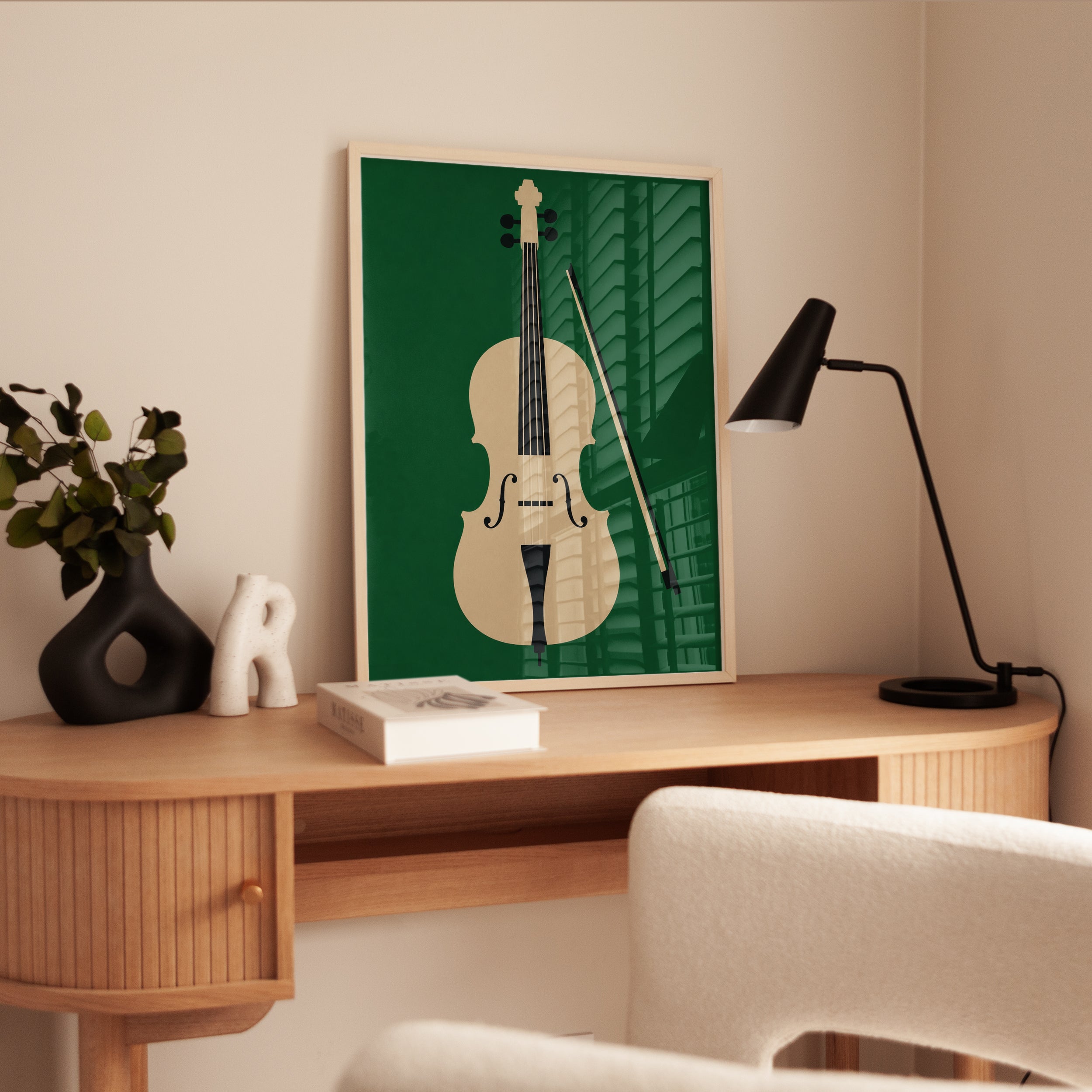Minimalist Cello Art Print: Green Background Music Poster - interior