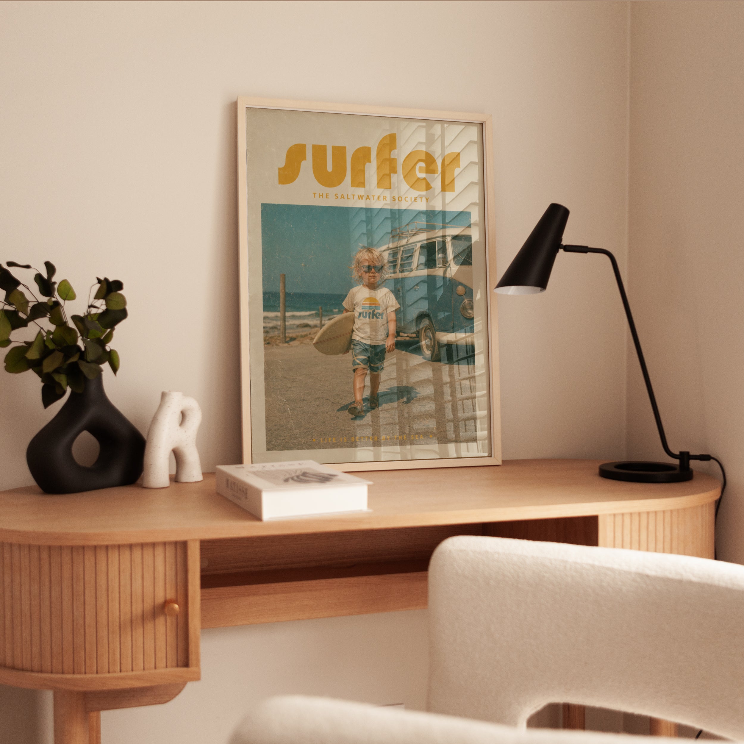 Retro Surfer Kid Poster: Vintage Beach Van Wall Art - interior