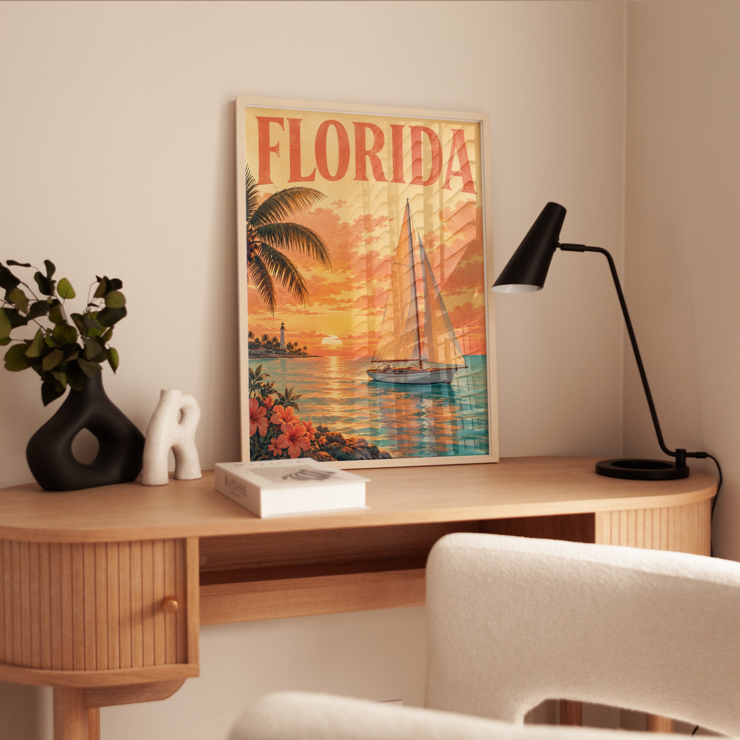 Florida Sunset Sailboat Poster: Vintage Travel Art Print - interior