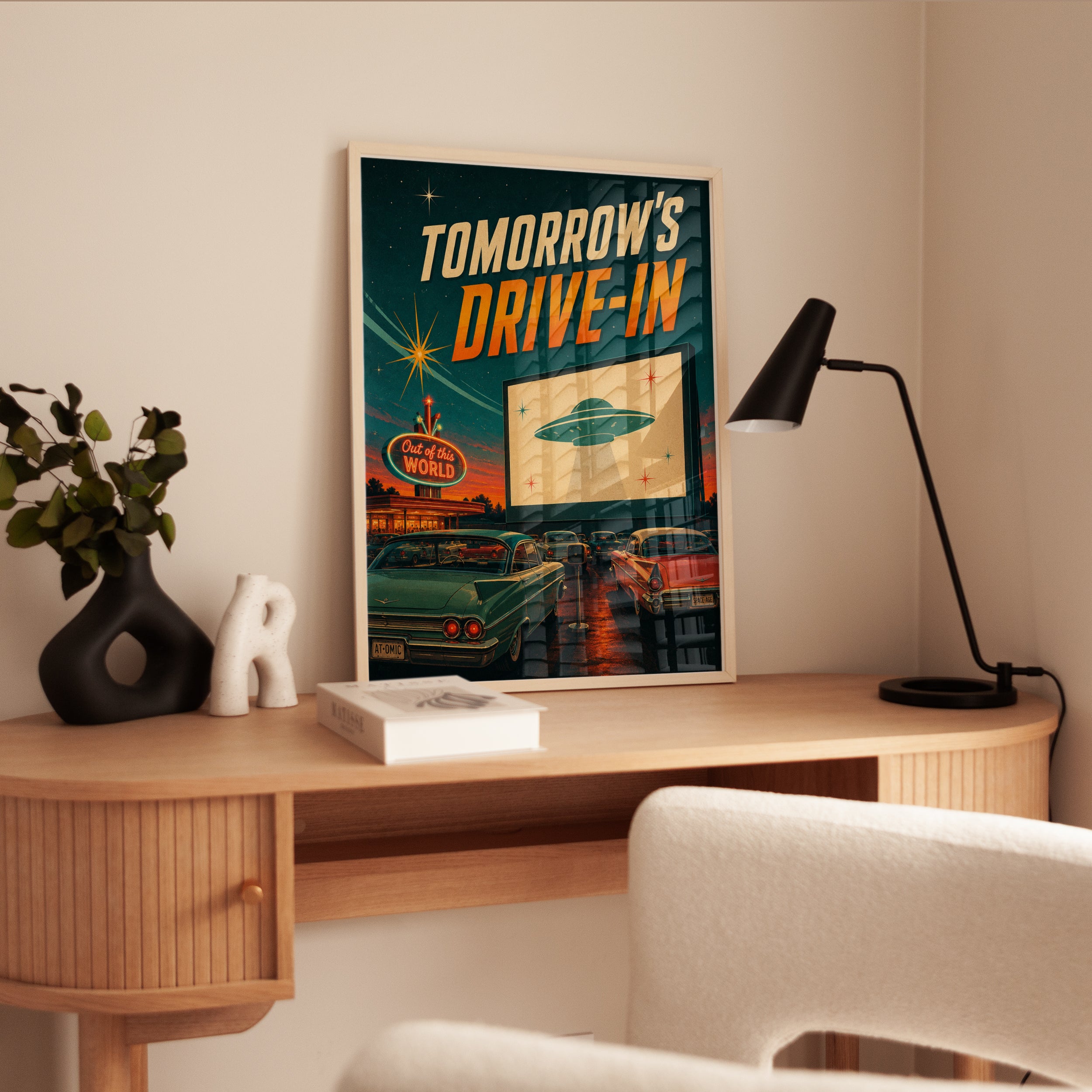Retro Drive-In Movie Theater Poster: Atomic Age UFO Scene - interior
