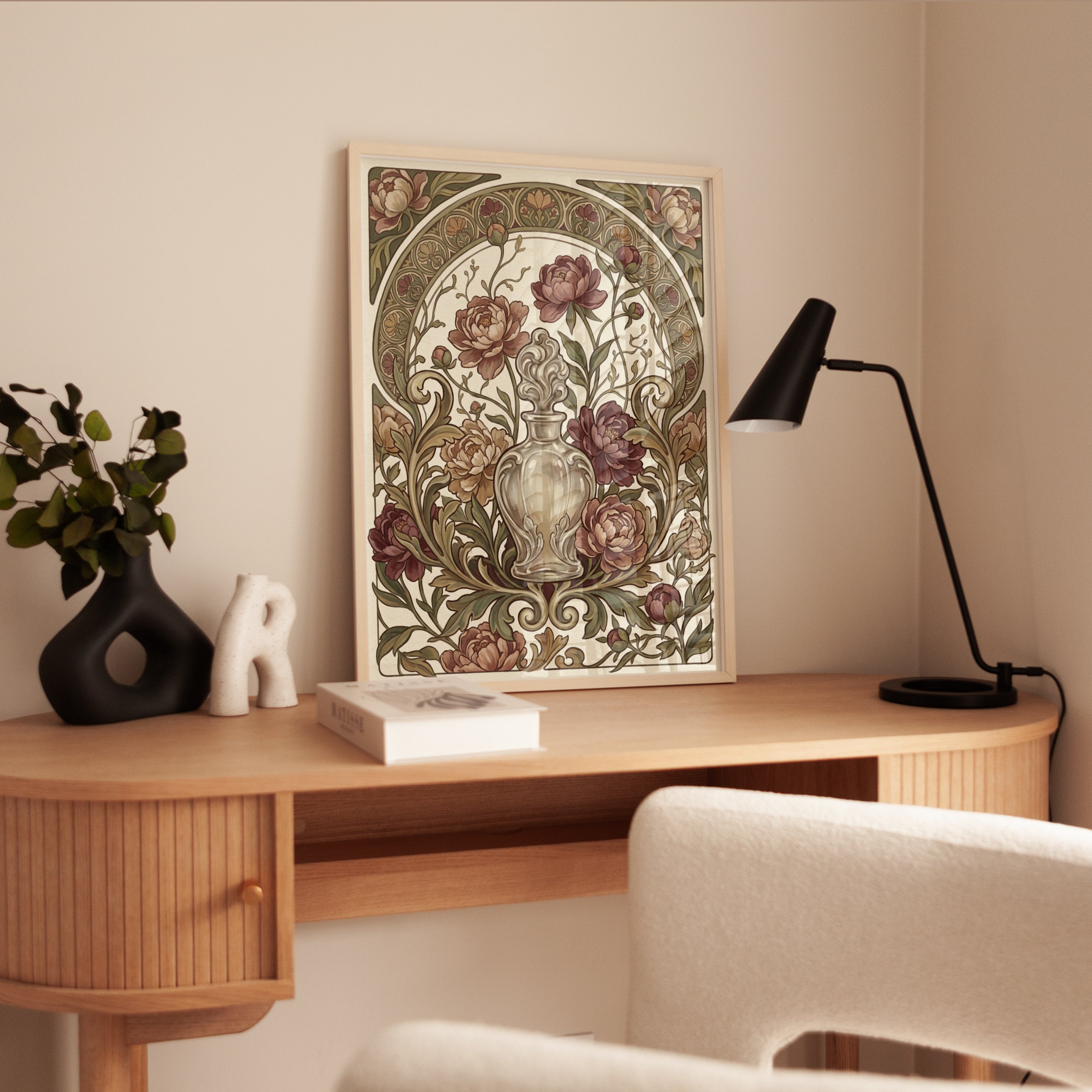 Art Nouveau Peony Vase Print: Ornate Floral Arch Design - interior