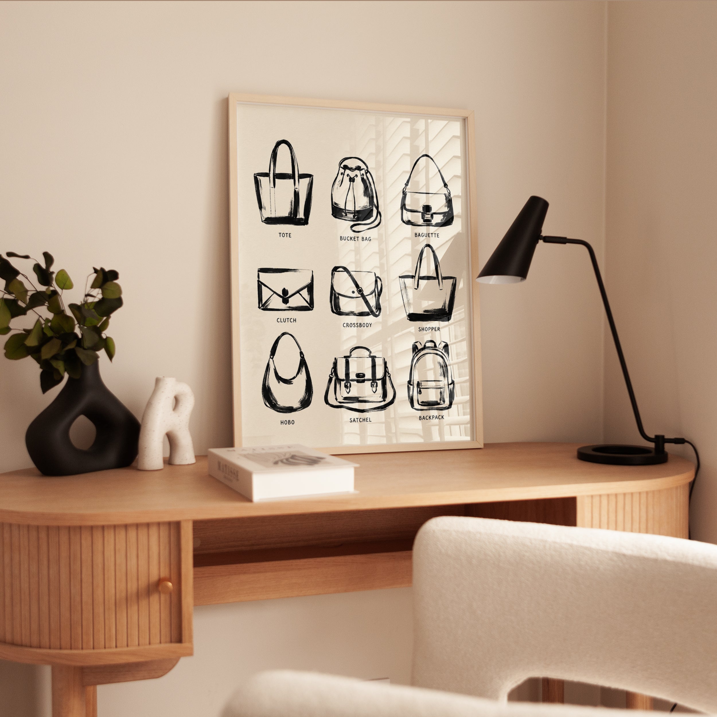 Handbag Types Guide Print: Black Ink Fashion Illustration - interior