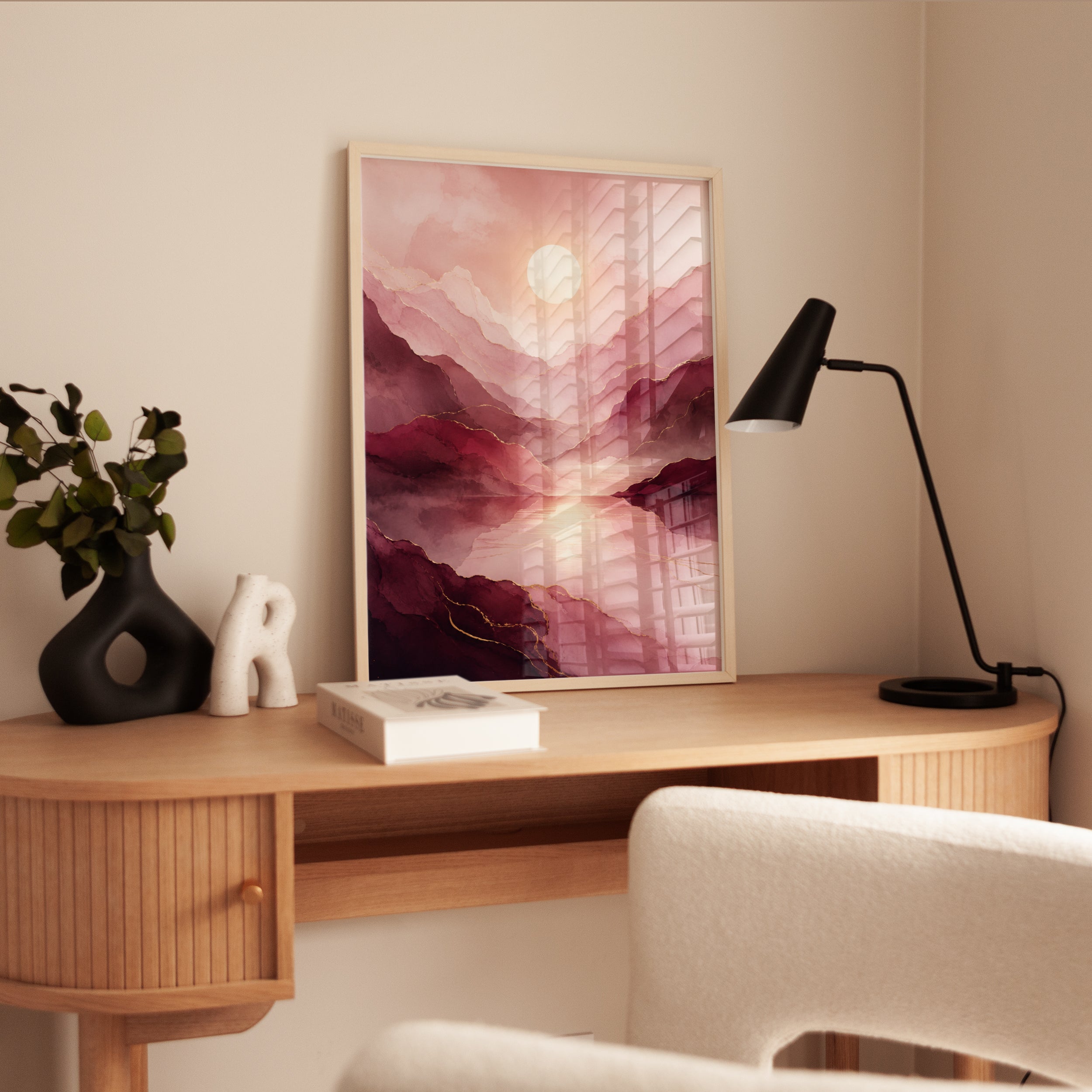 Pink Landscape Wall Art – Abstract Mountain Print - interior