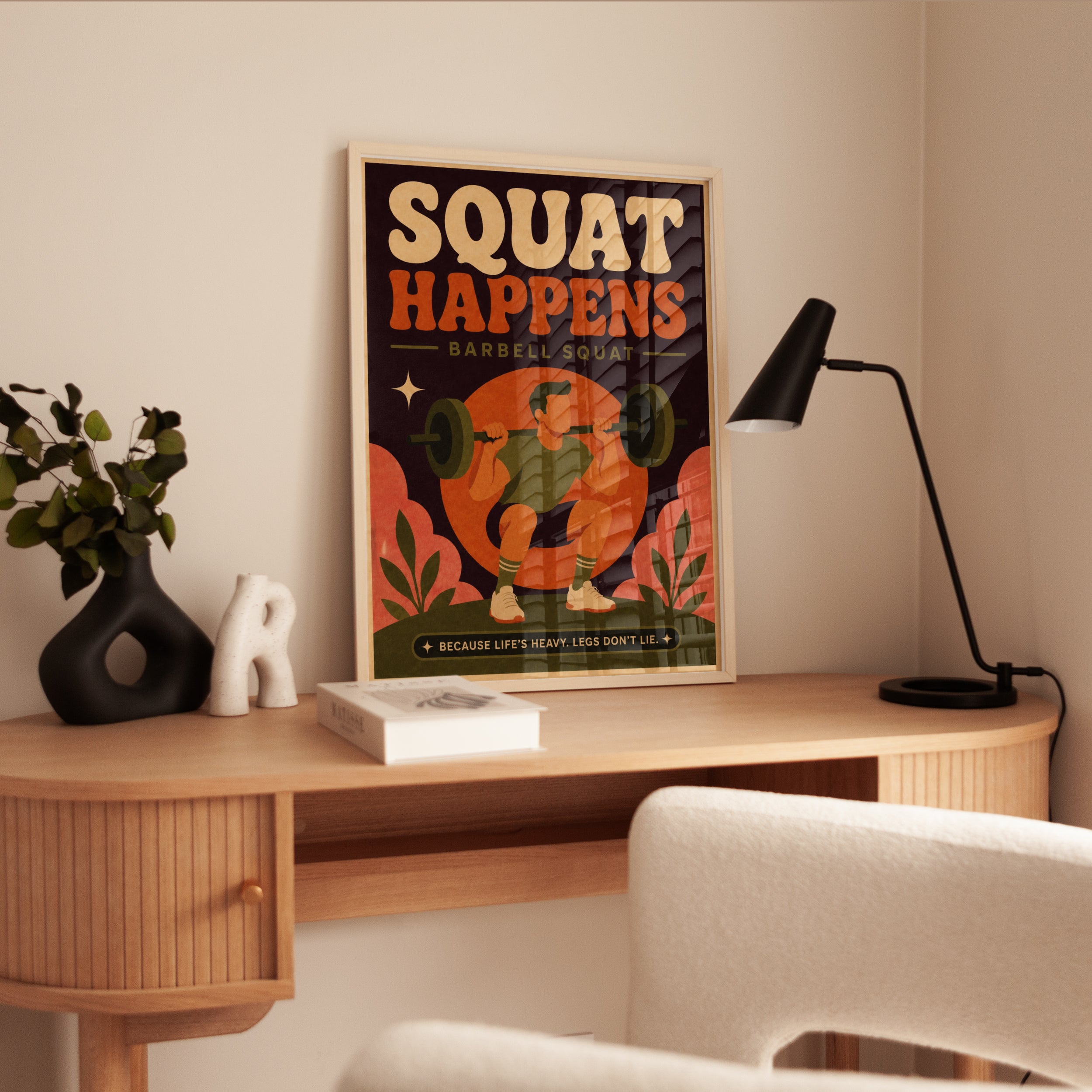 Squat Happens Gym Poster: Retro Fitness Motivation Art Print - interior