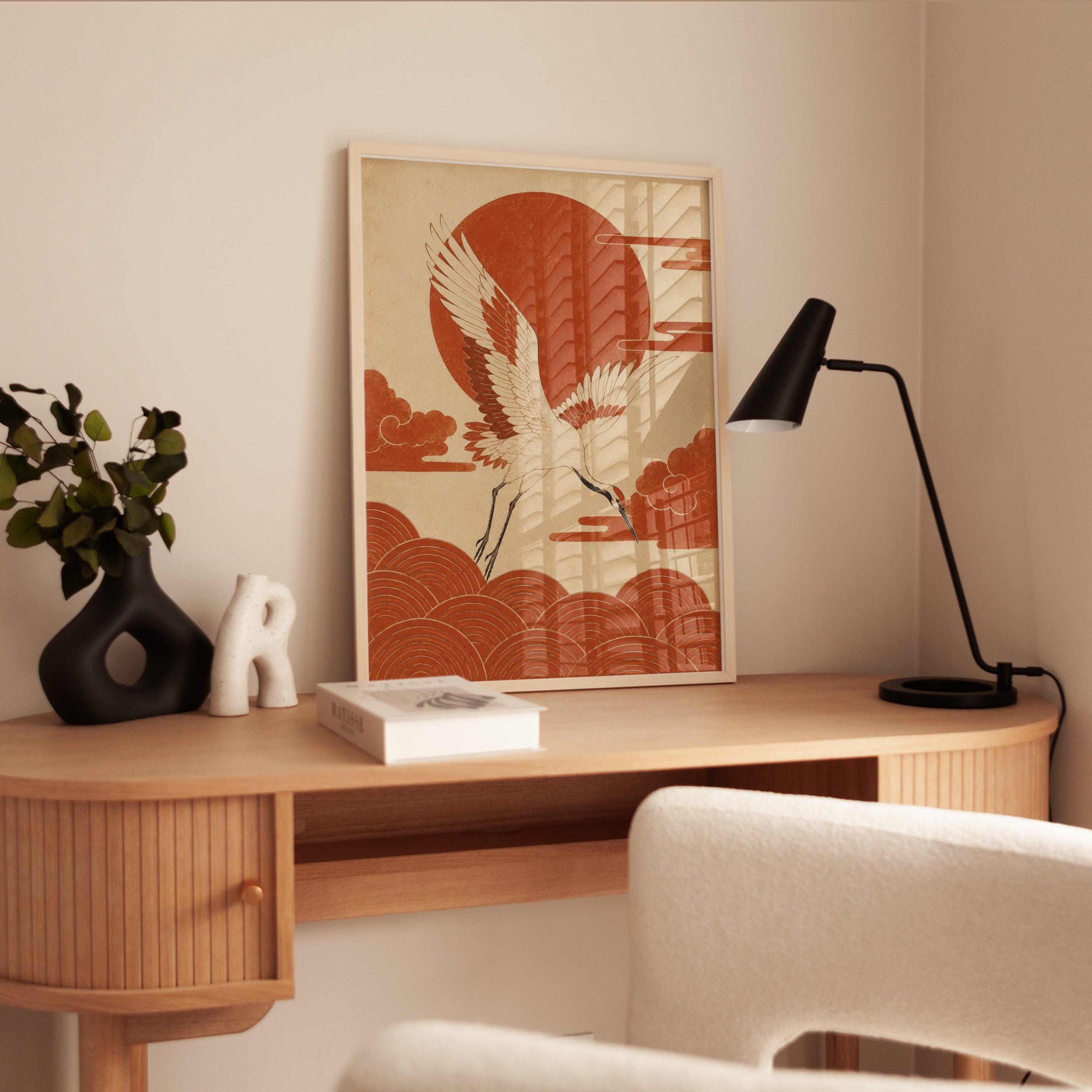 Crane Wall Art Print: Vintage Red Sun Motif - interior