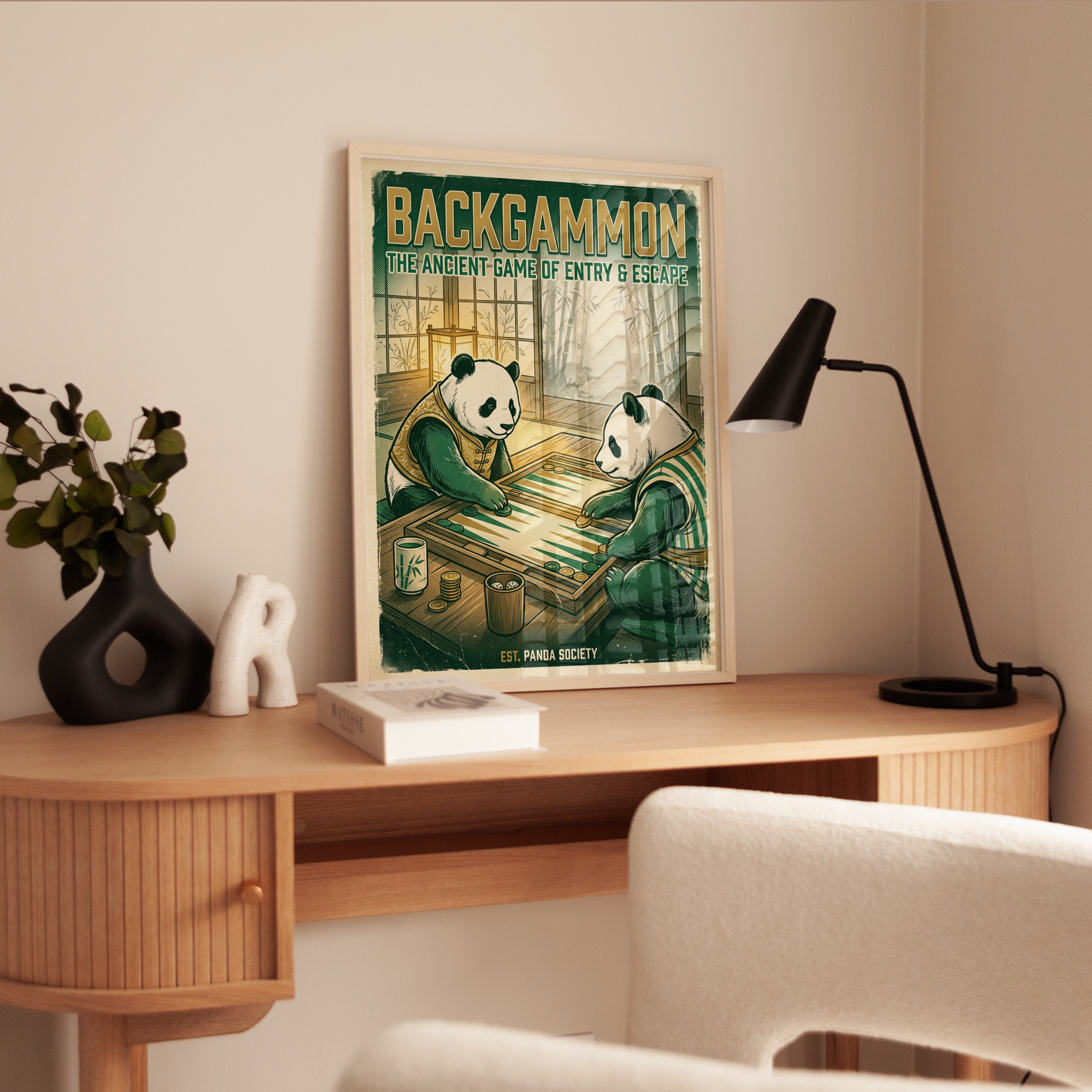 Backgammon Pandas Art Print: Vintage Game Room Wall Art - interior