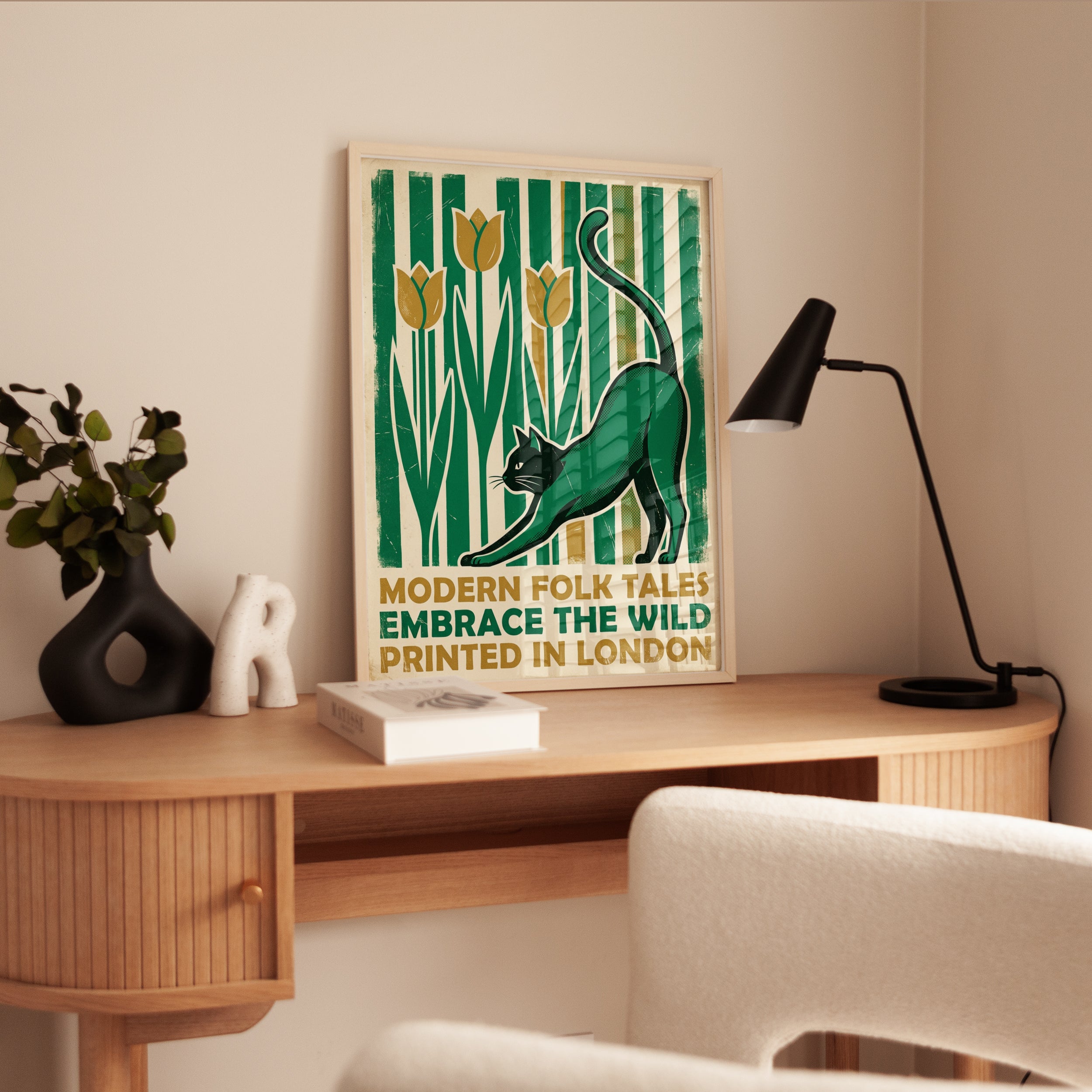 Art Deco Cat and Tulips Print: Green and Gold Vintage Design - interior