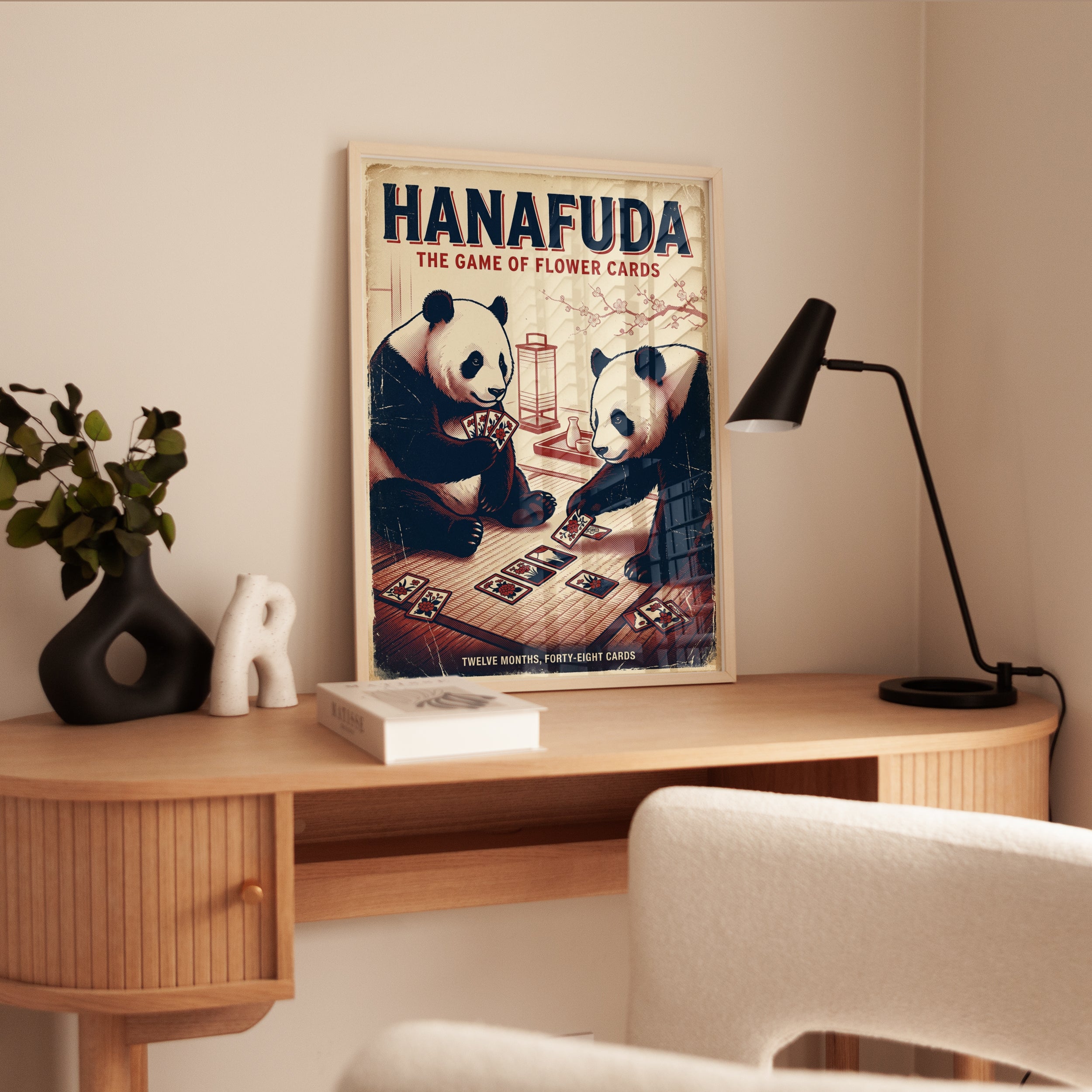 Hanafuda Pandas Art Print: Vintage Japanese Card Game Poster - interior