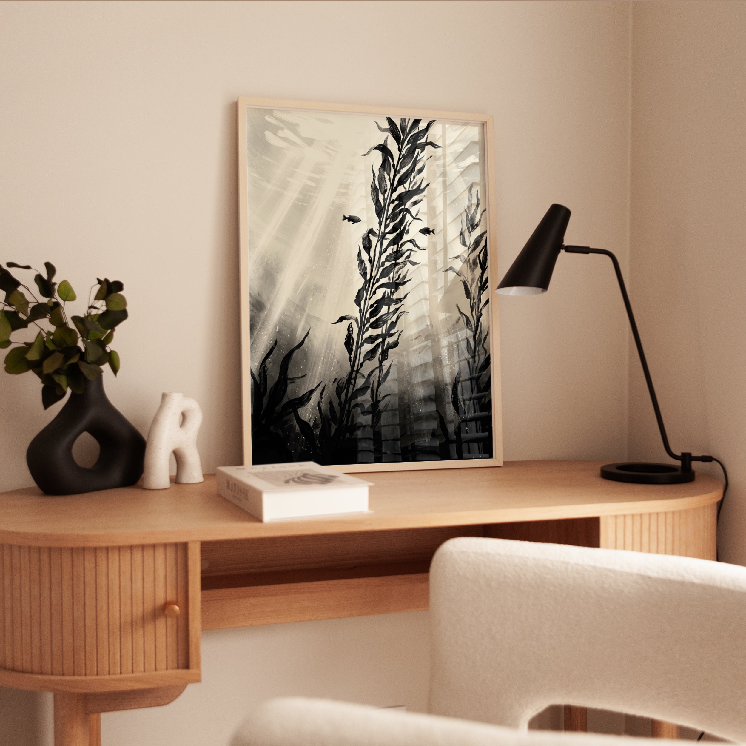Underwater Kelp Forest Art Print: Black and White Ocean Scene - interior