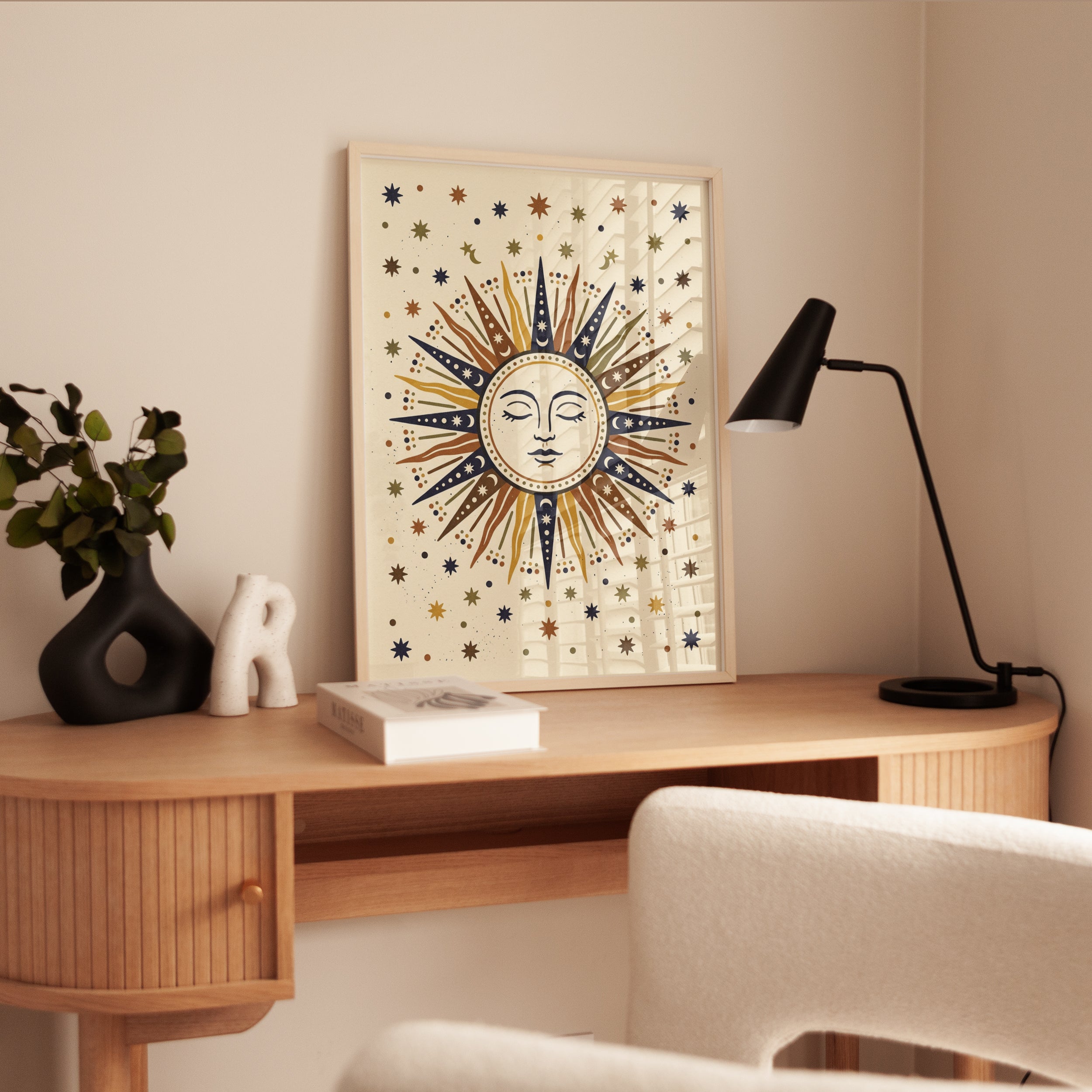 Celestial Sun Face Art Print: Folk Art Style in Earthy Tones - interior