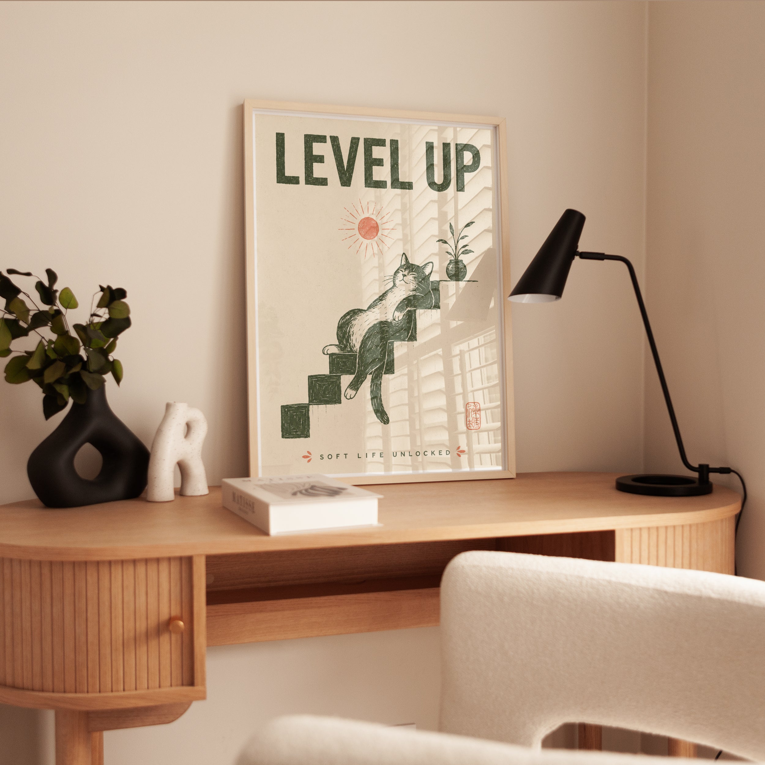 Level Up Cat on Stairs Print: Vintage Motivational Poster Art - interior